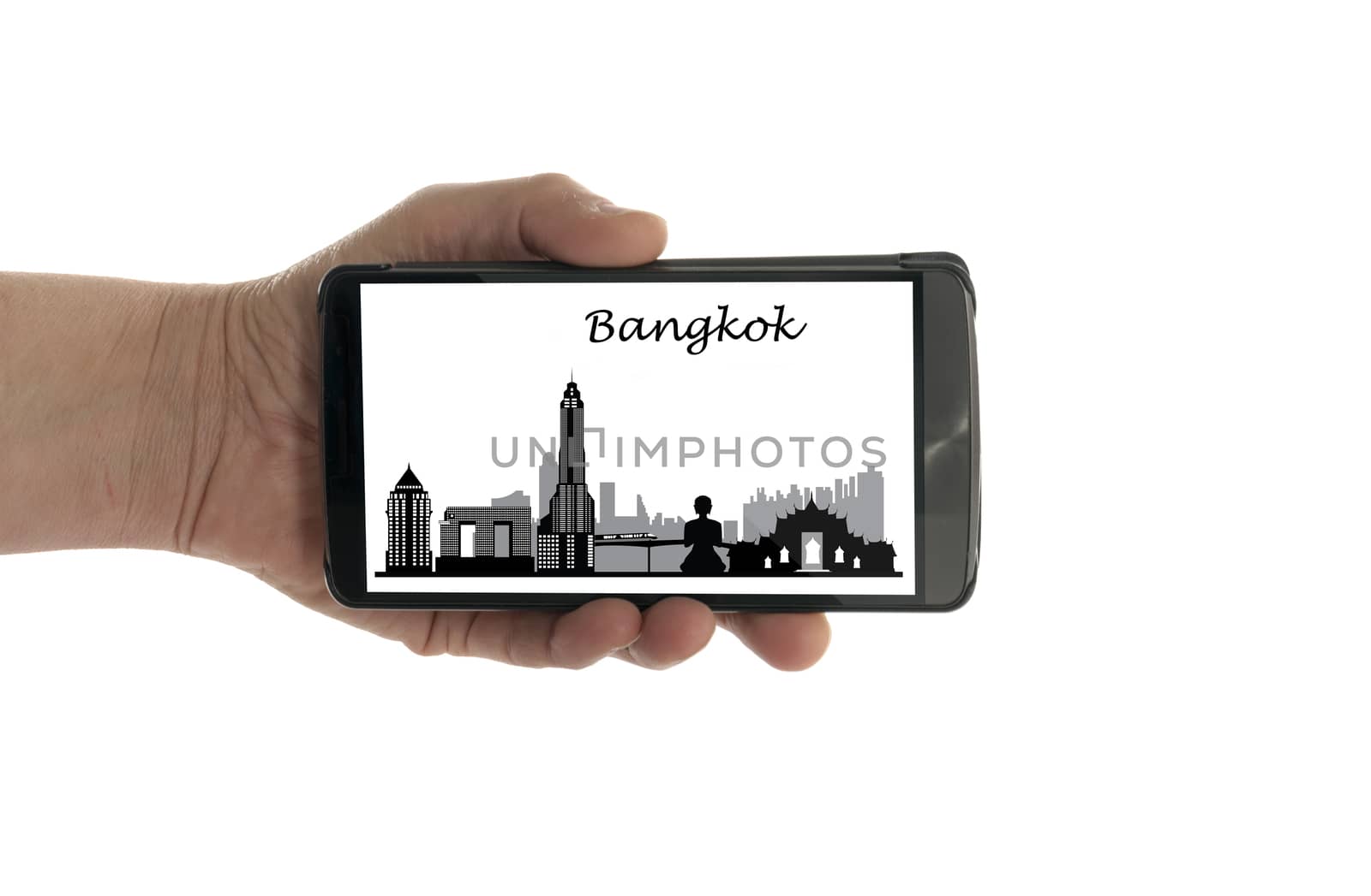 female hand with mobile phone Bangkok skyline by compuinfoto