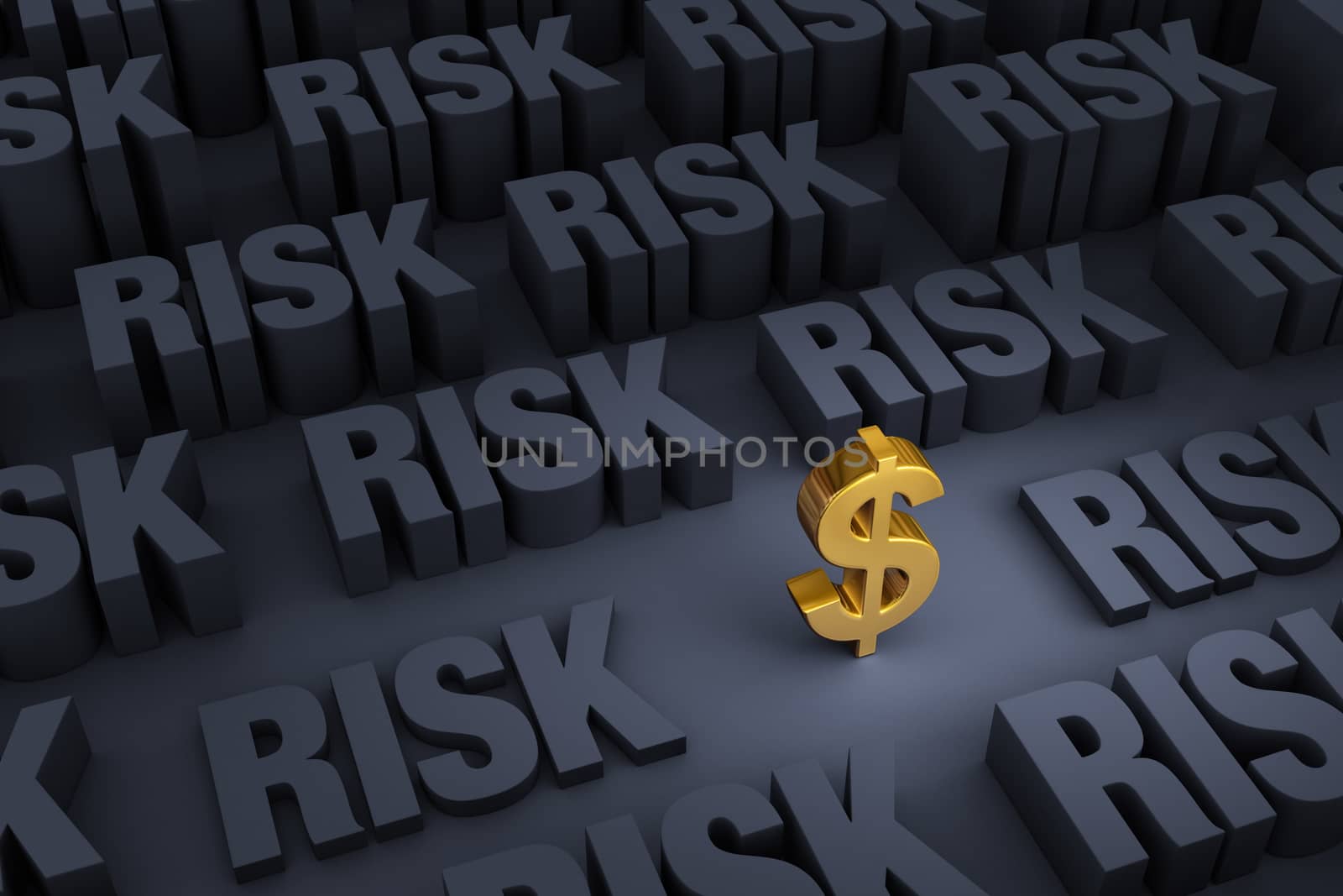 A small gold dollar sign stands out in a dark background of gray "RISK" rising up around it.