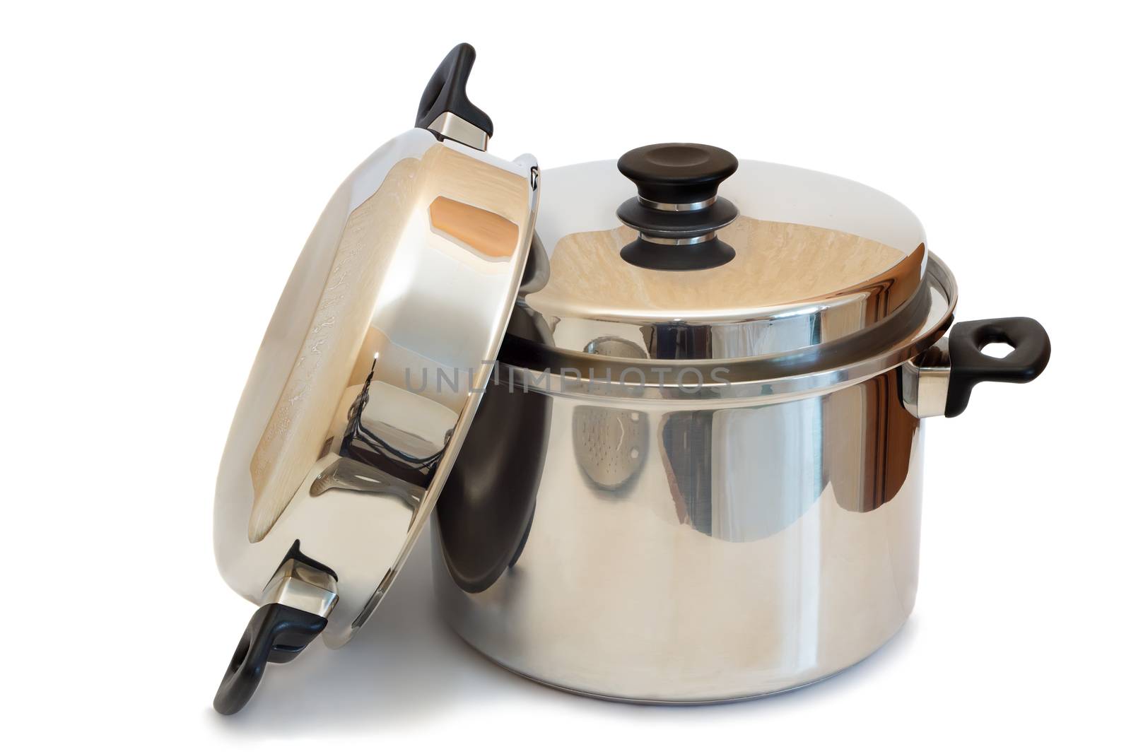 A large stainless steel pot with lid and convenient carry handles. Presented on a white background.