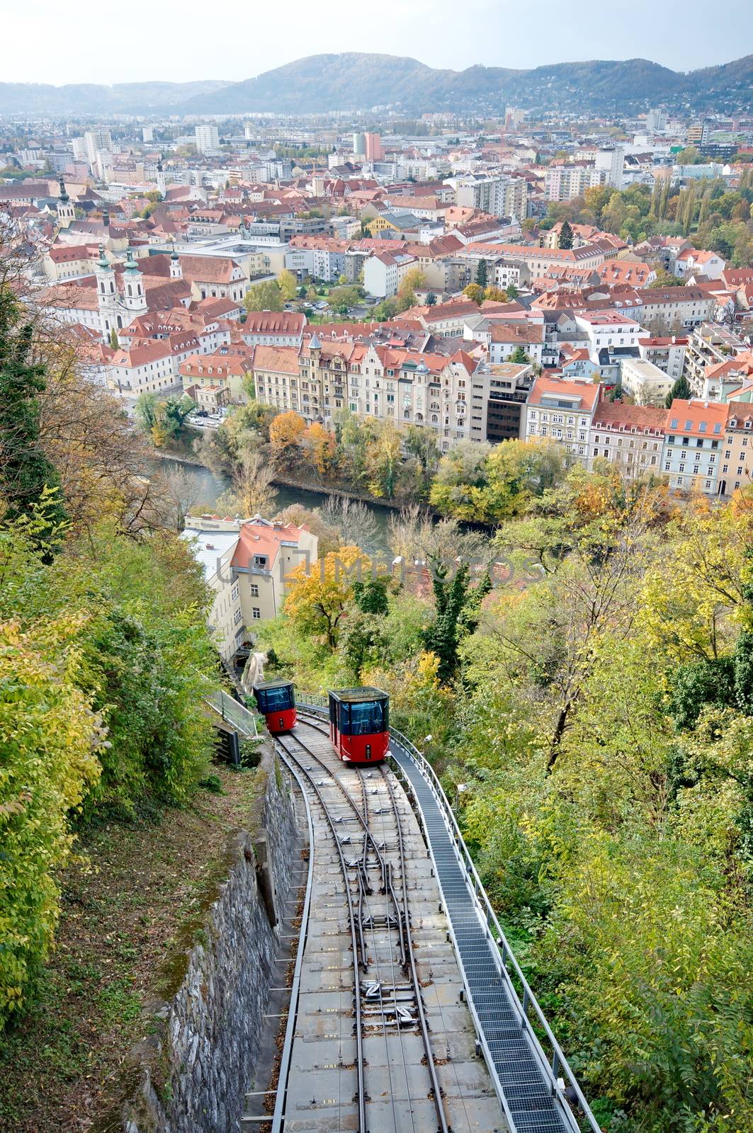 Red funicular in Graz, Austria