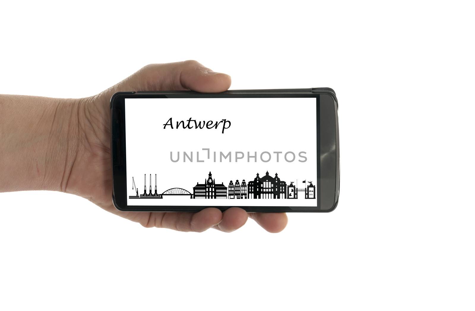 female hand with mobile phone isolated on white with antwerp skyline