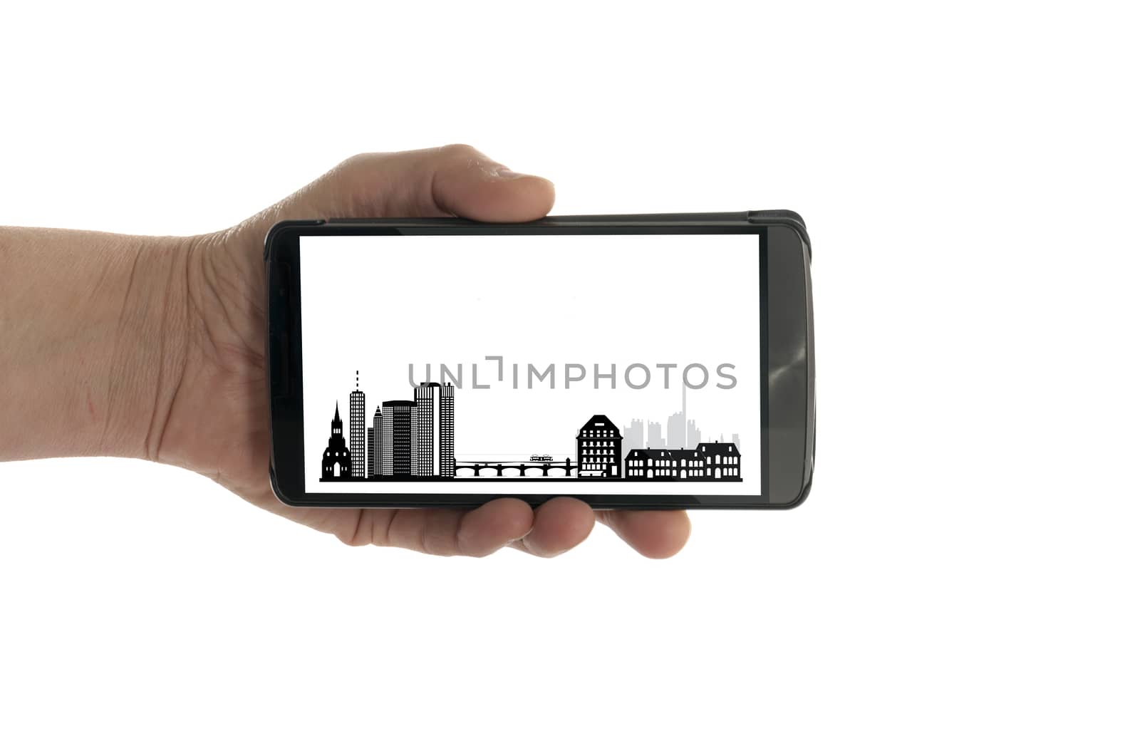 female hand with mobile phone Basel skyline by compuinfoto