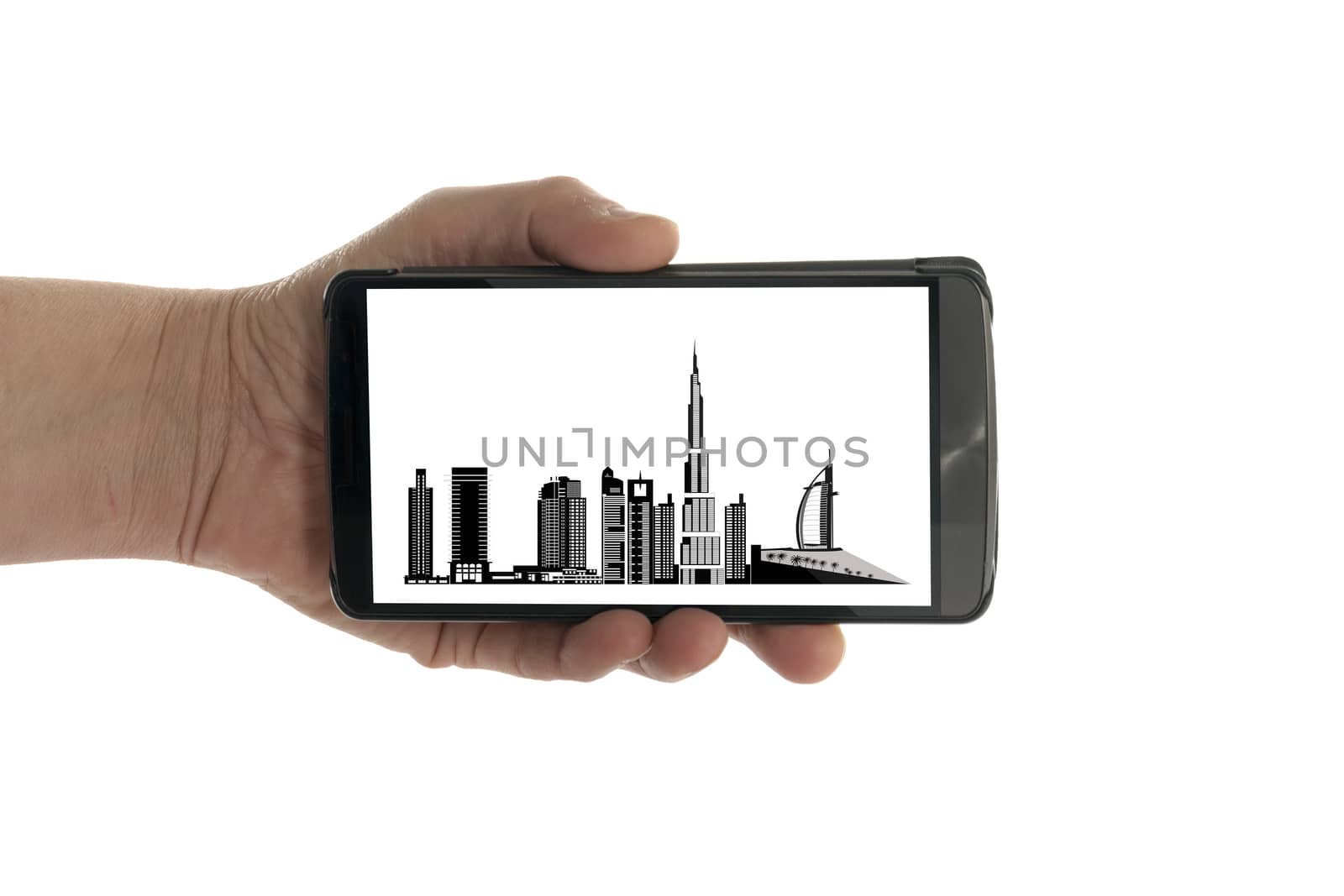 female hand with mobile phone isolated on white with dubai skyline