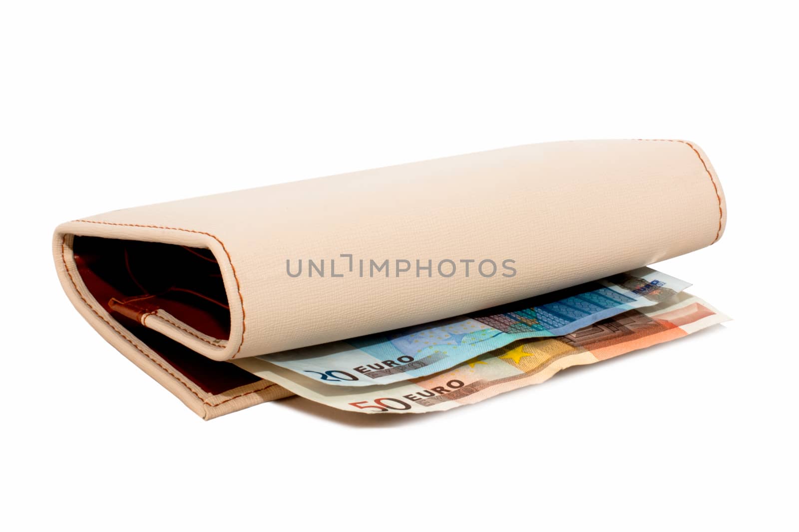 Wallet with monetary denominations on a white background