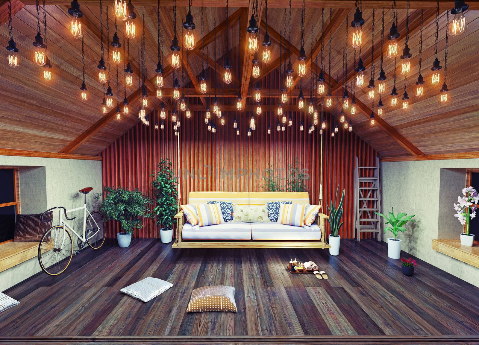 hanging sofa in the attic interior, decorated  with vintage lamps. 3D design concept