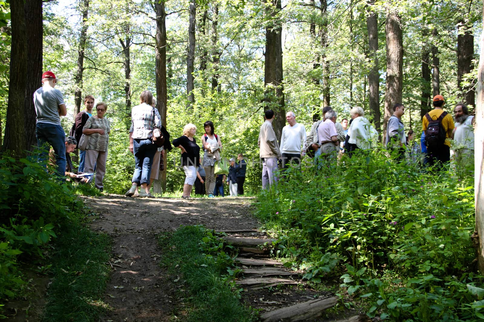 Khimki, Moscow region, Russia - July 21, 2012. The gathering of the Khimki forest defenders and residents in the grove near the source of St. George. The meeting devoted to the threat of cutting down oak