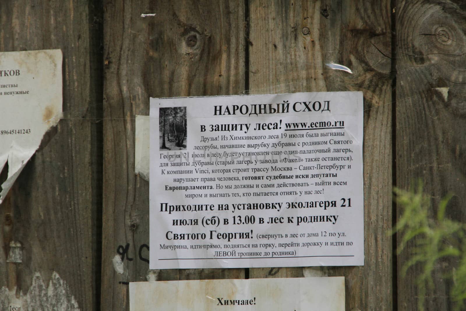 Khimki, Moscow region, Russia - July 21, 2012. The announcement of the defenders of Khimki forest, calling out at the gathering in defense of oak