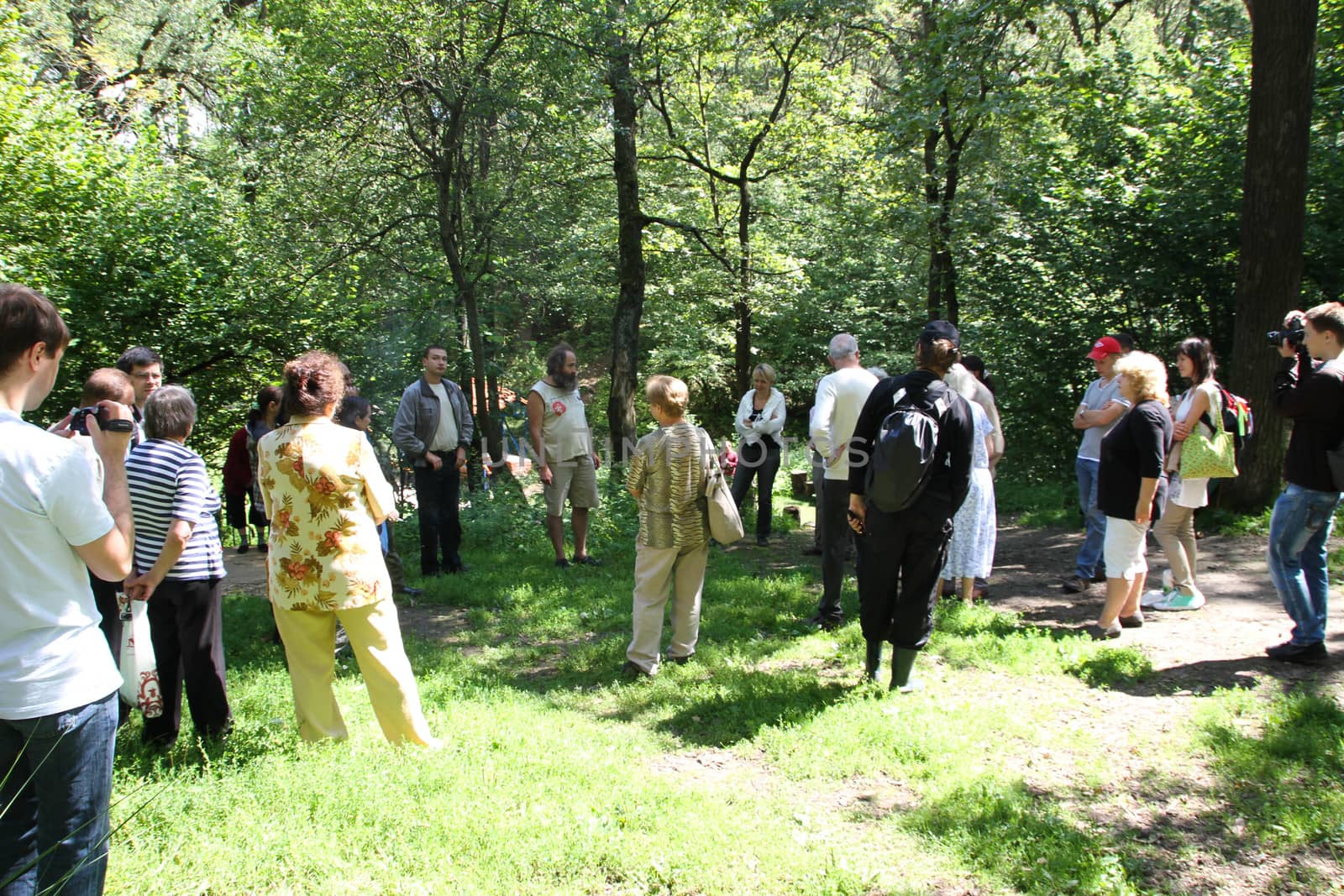 Khimki, Moscow region, Russia - July 21, 2012. The gathering of the Khimki forest defenders and residents in the grove near the source of St. George. The meeting devoted to the threat of cutting down oak