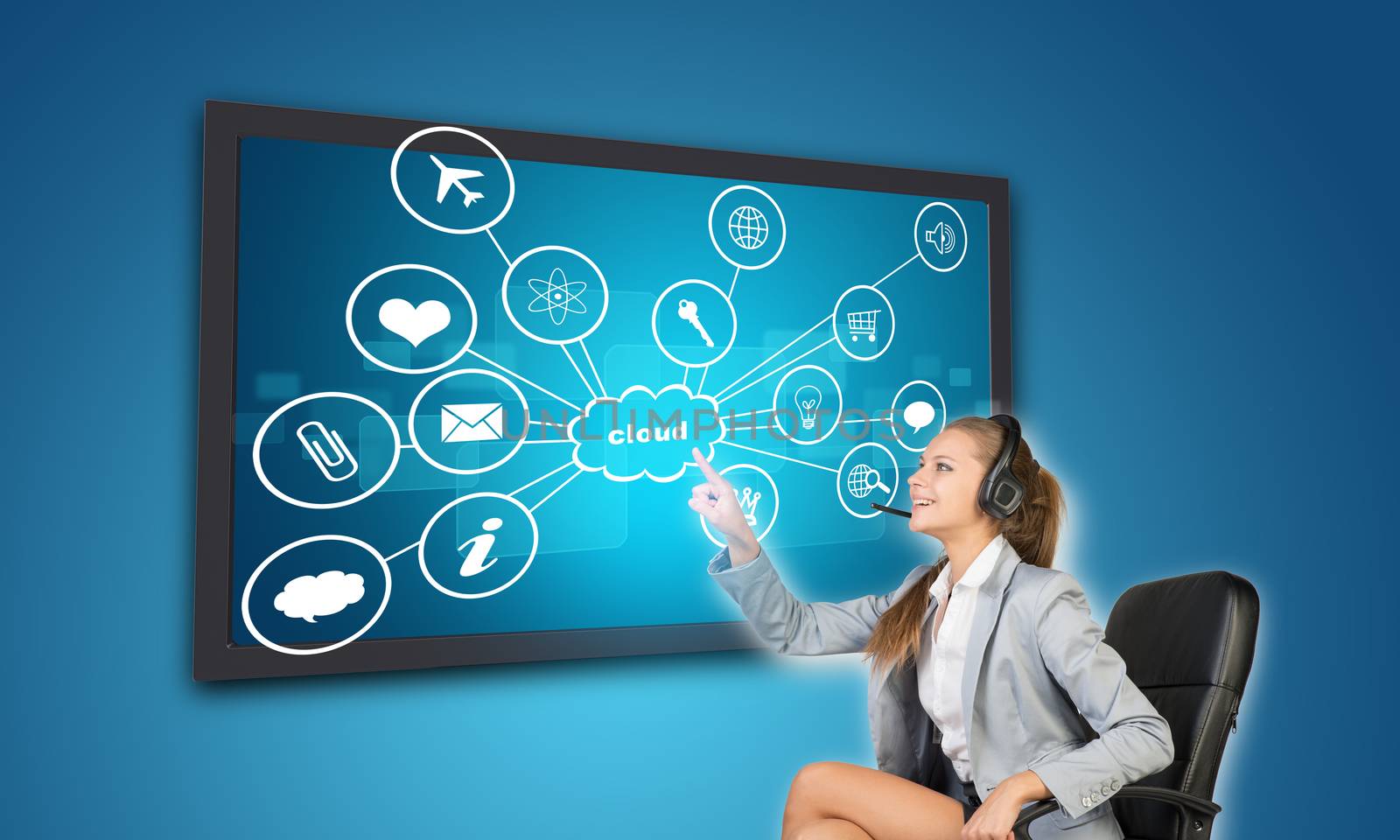 Businesswoman pressing Cloud button on touch screen interface with icons, on blue background. Element of this image furnished by NASA
