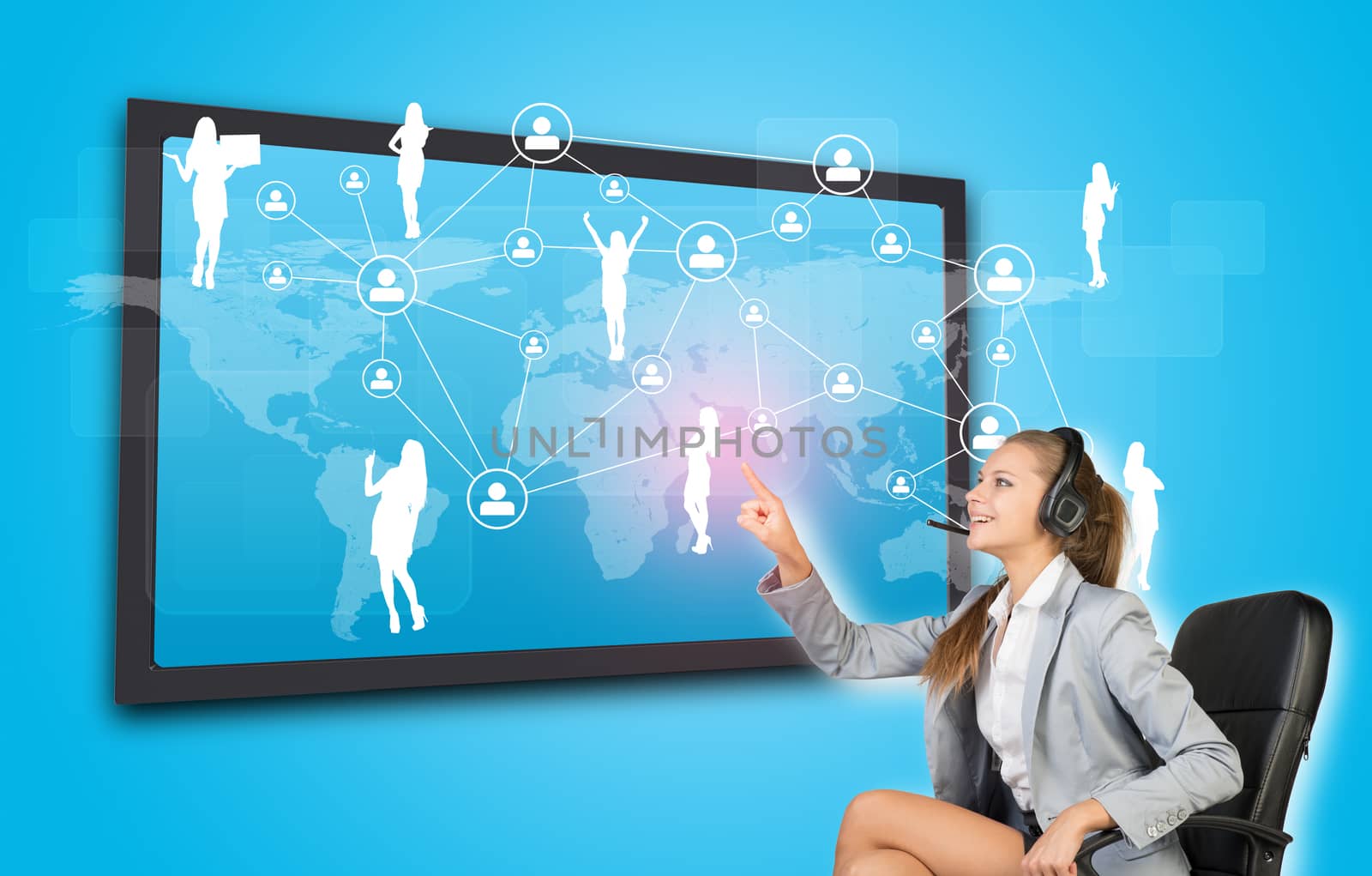 Businesswoman in headset using touch screen interface featuring world map, network of person icons and female silhouettes, on blue background