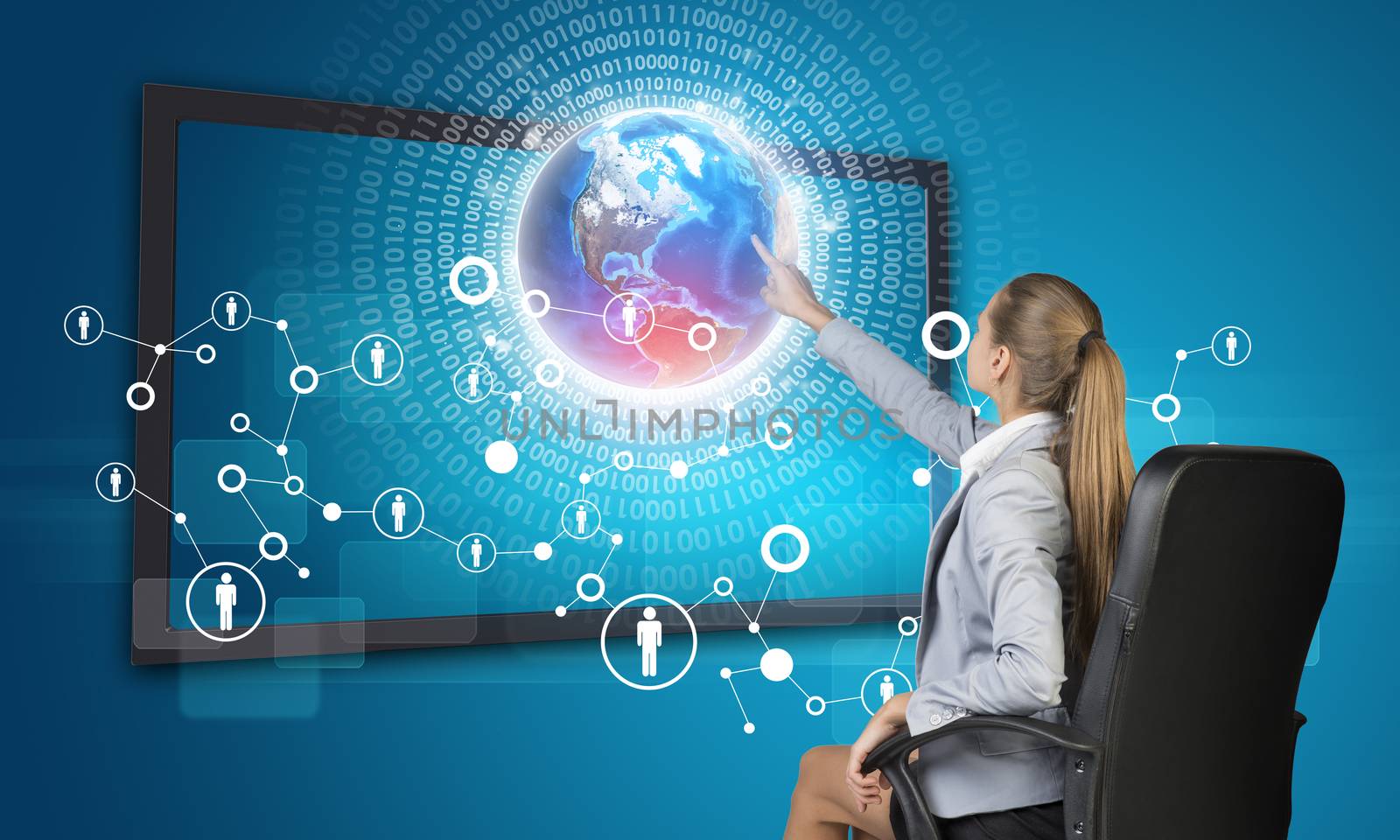 Businesswoman pressing touch screen button on virtual interface with Globe and network with people icons, on blue background. Element of this image furnished by NASA