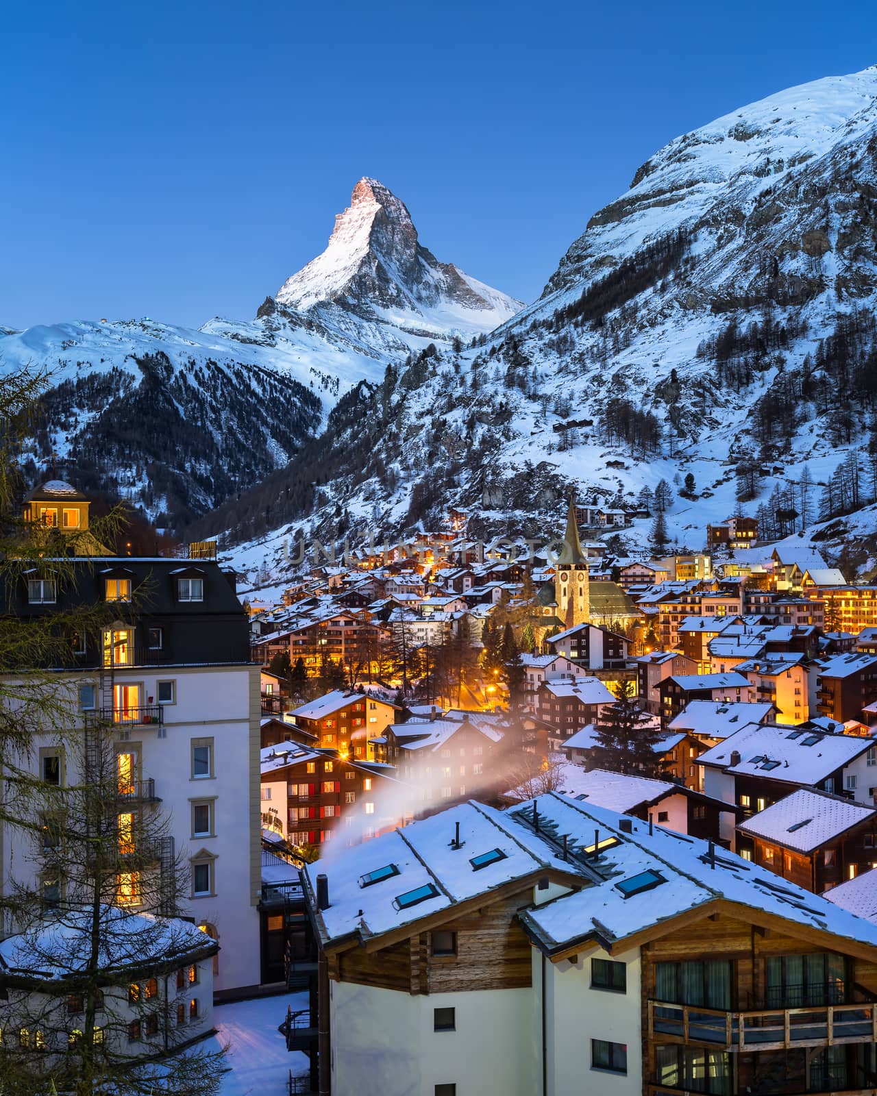 Aerial View on Zermatt Valley and Matterhorn at Dawn, Zermatt, Switzerland