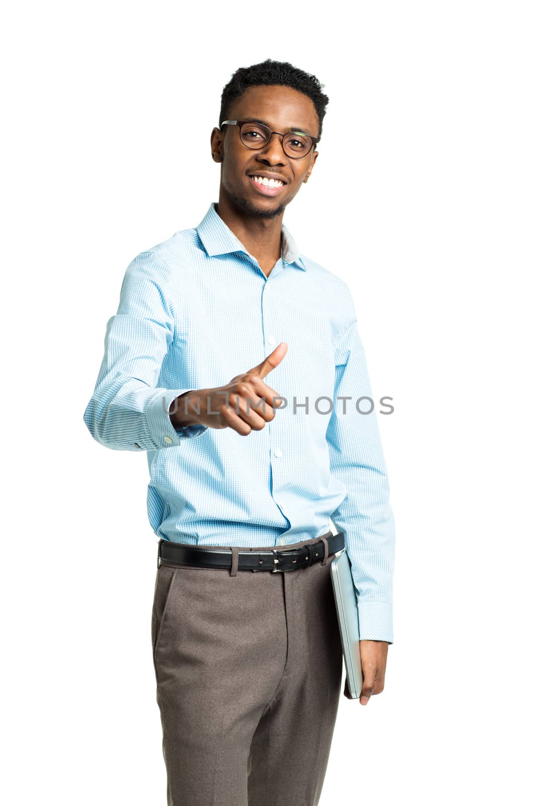 Happy african american college student standing with laptop and finger up on white background