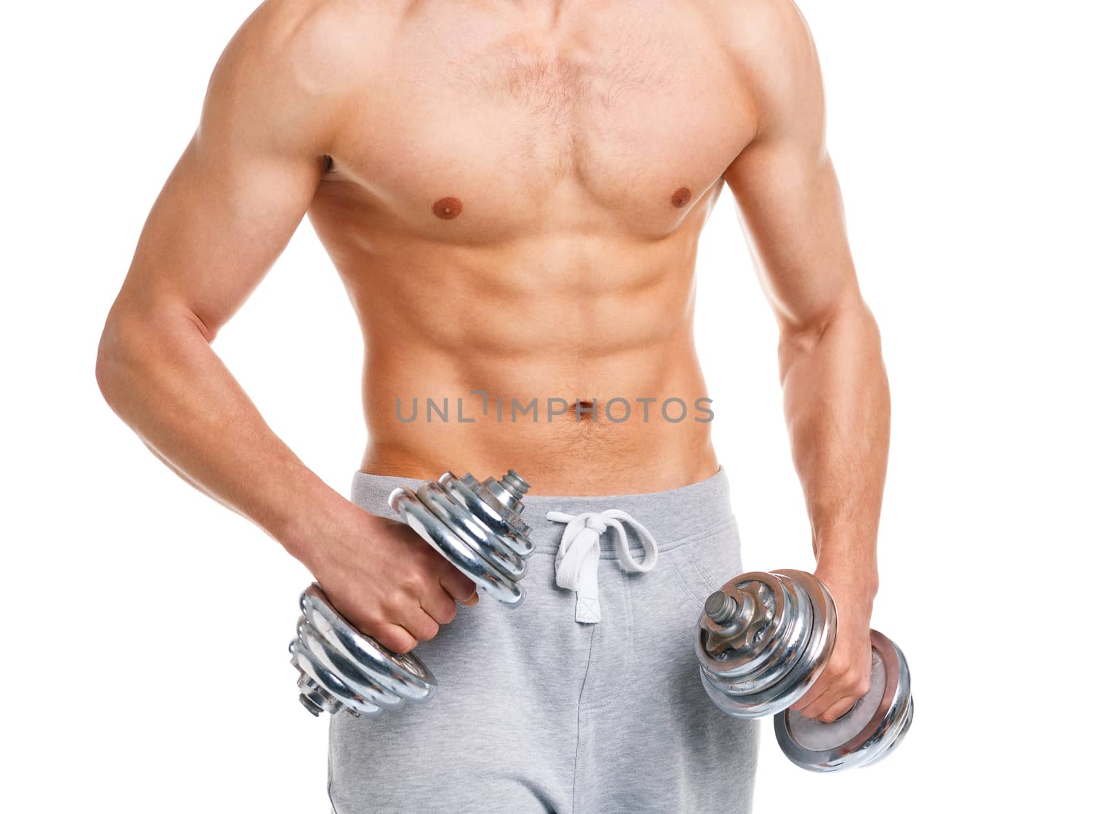 Sport man with dumbbells on the white background