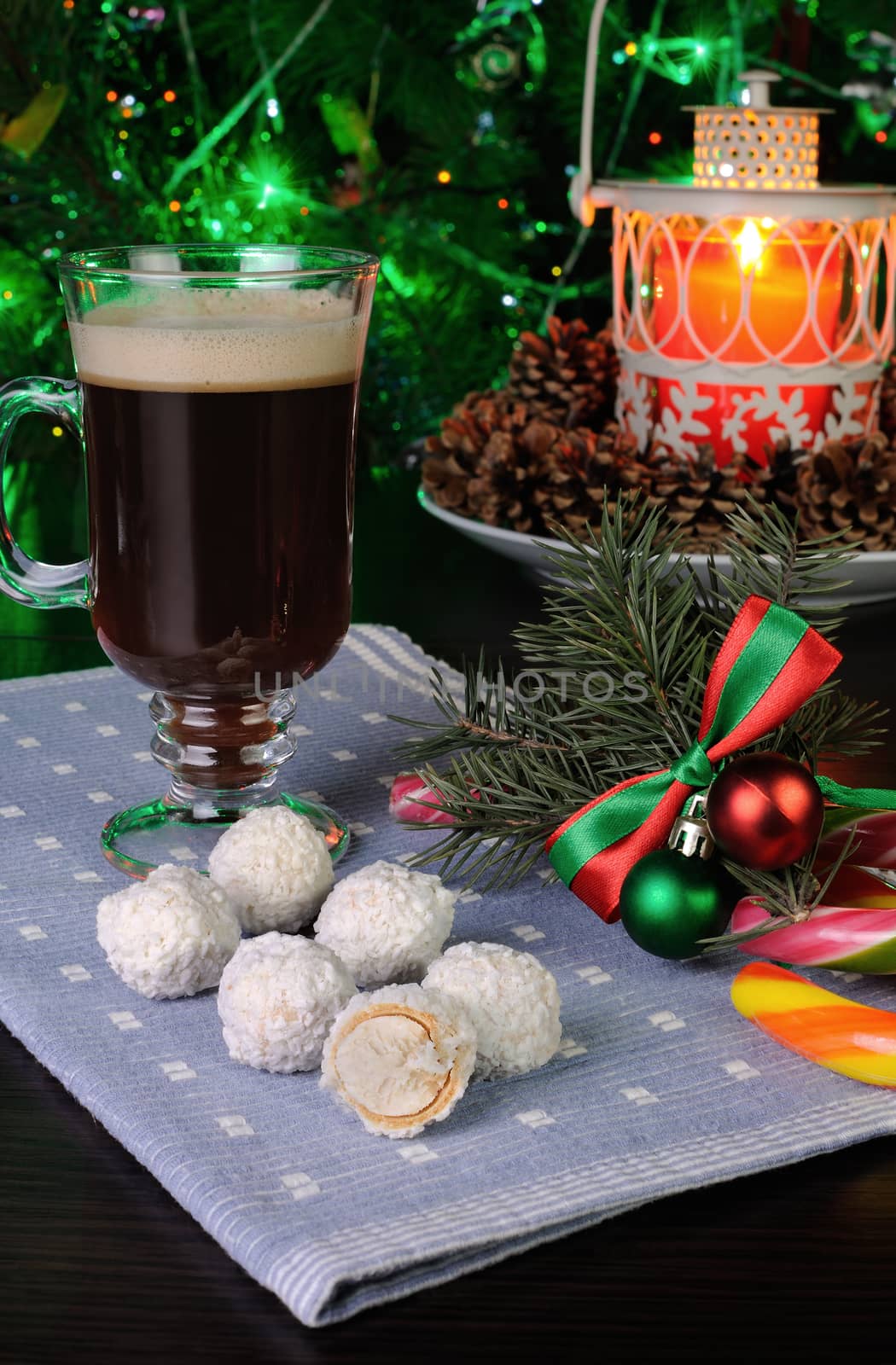 Crispy wafer balls with cream filling in coconut flakes