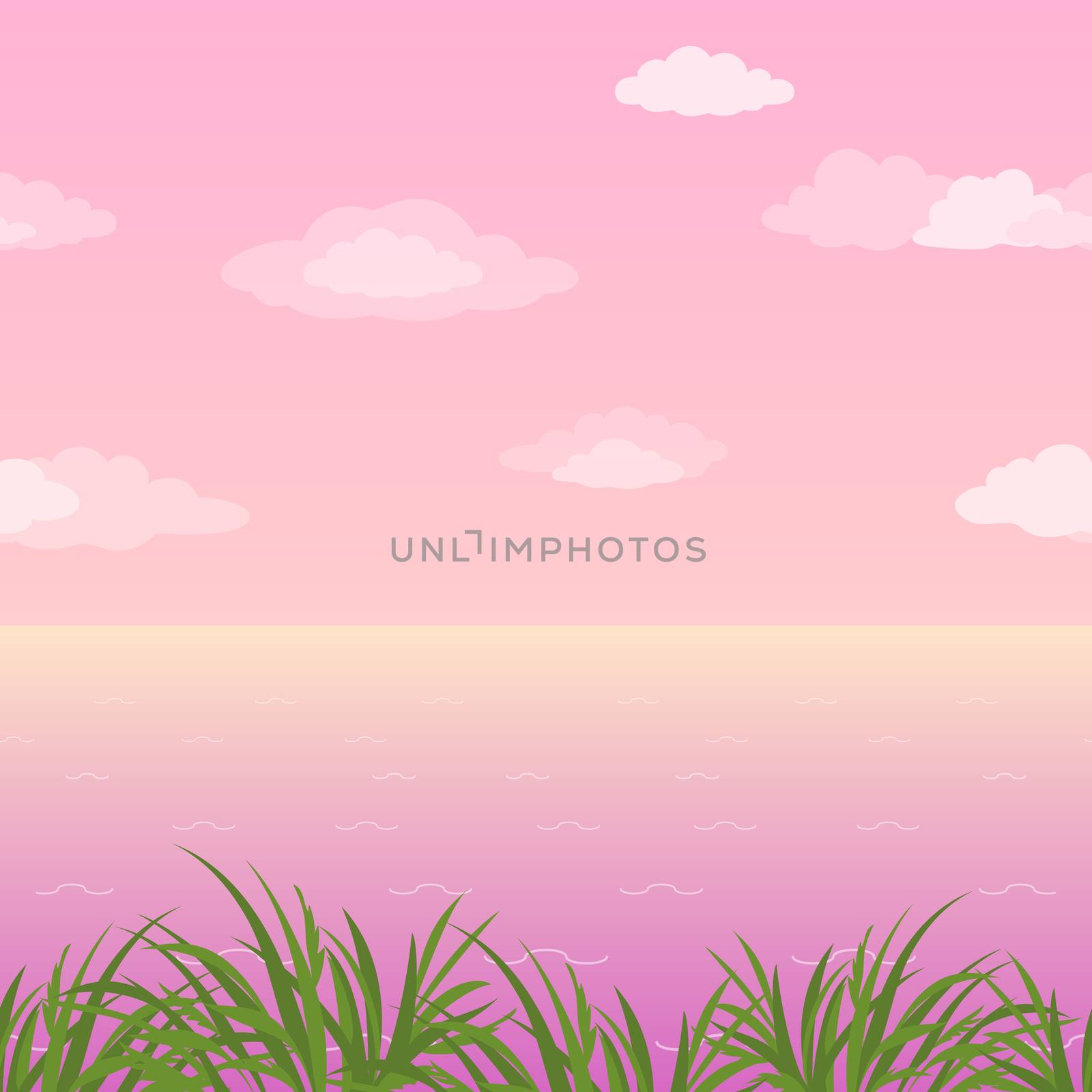 Sea landscape, horizontal seamless, green grass and pink morning sky with clouds.