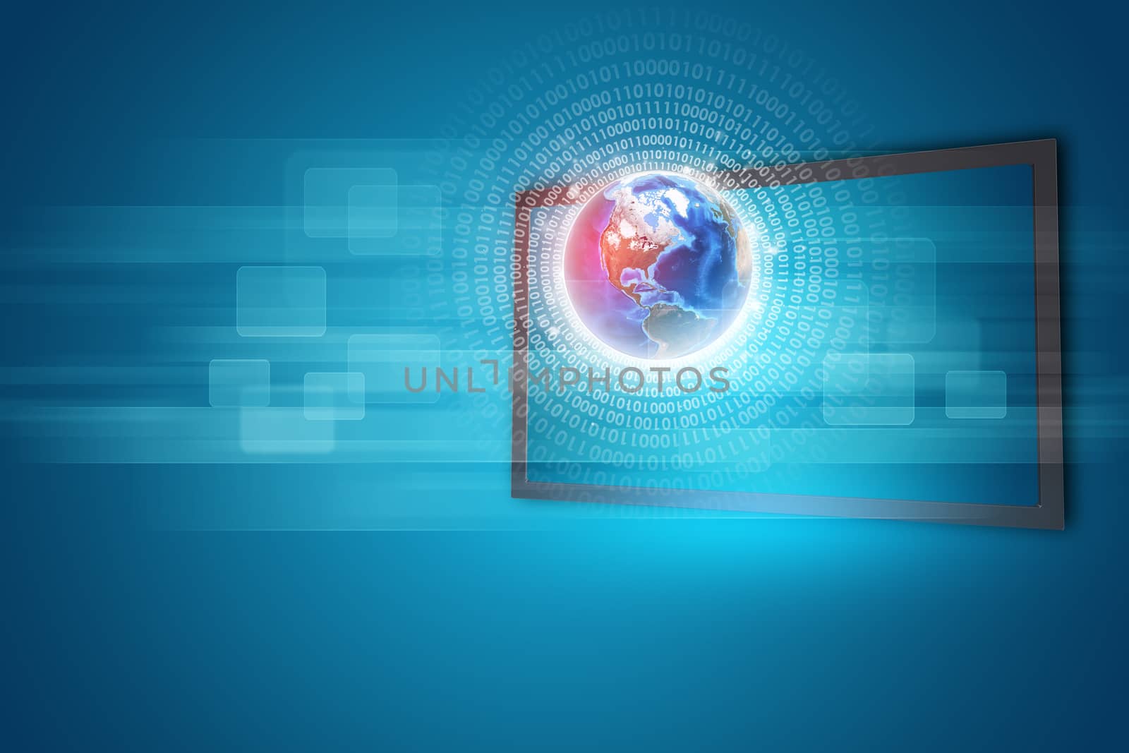 Touchscreen display with Globe and radiant figures, on blue background by cherezoff