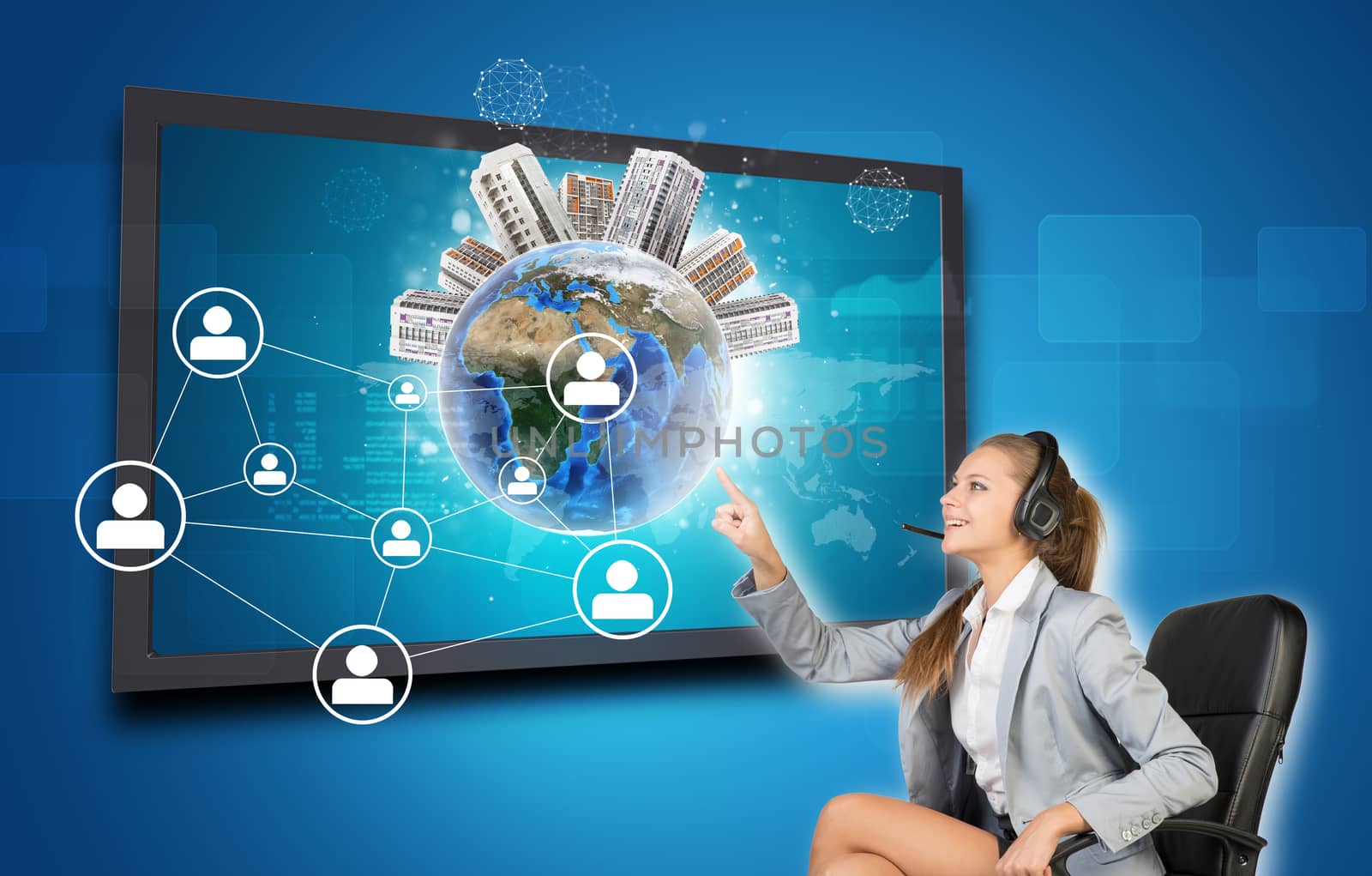 Businesswoman in headset using touch screen interface featuring Globe with buildings on top, network of person icons and other elements, on blue background. Element of this image furnished by NASA