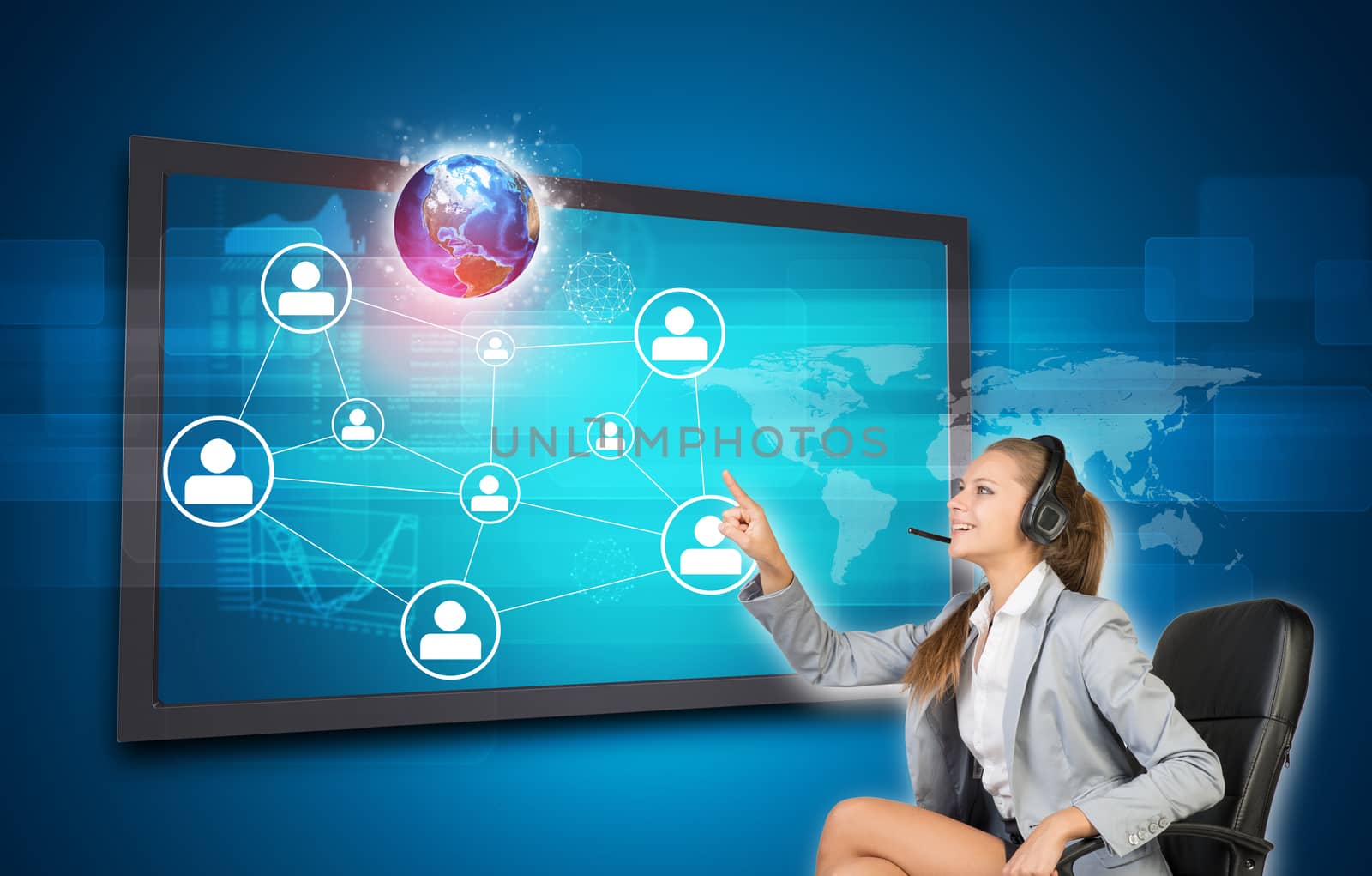 Businesswoman in headset using touch screen interface with Globe, world map, network of person icons and other elements, on blue background. Element of this image furnished by NASA