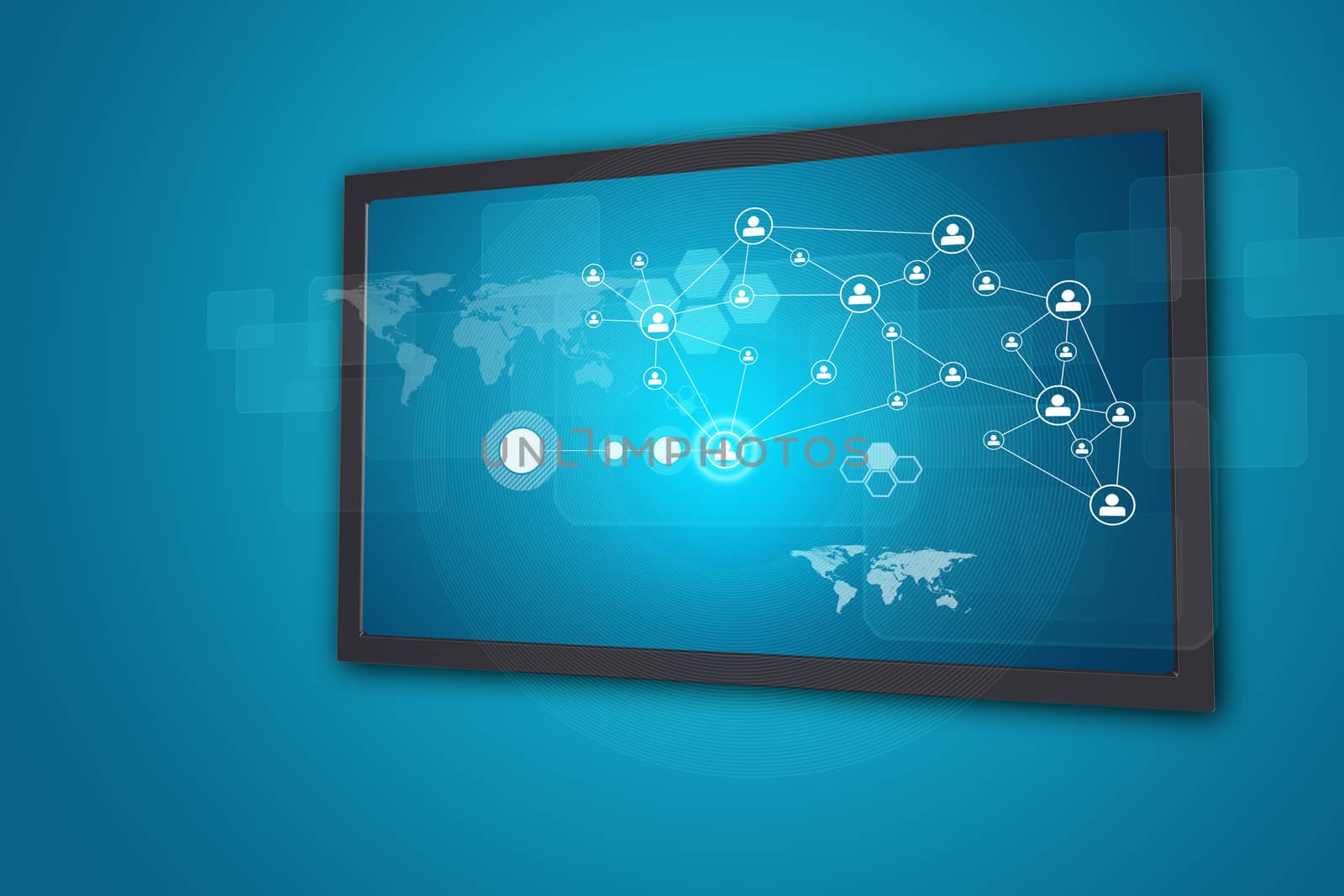 Touchscreen display with network of person icons and other elements, on blue background