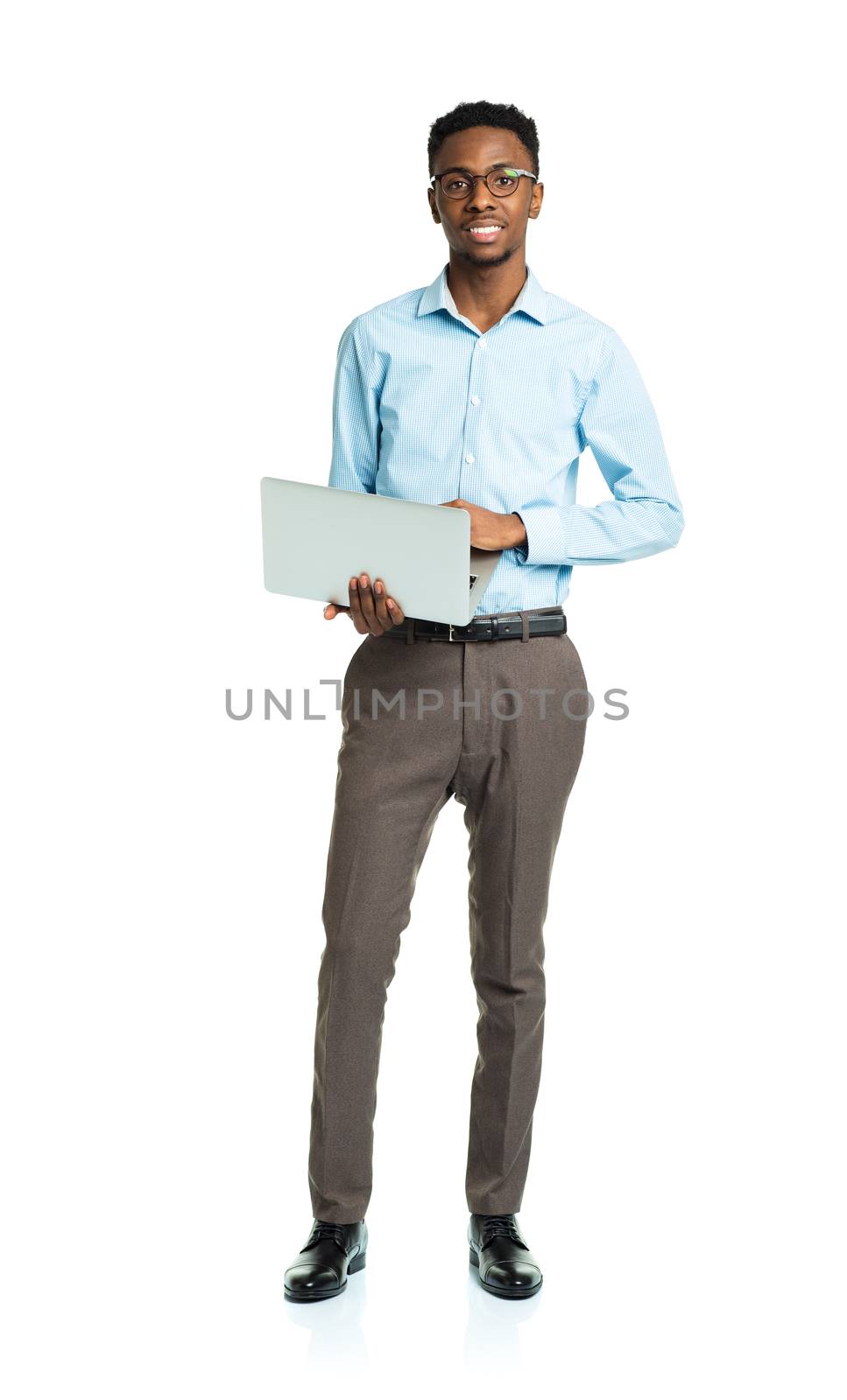 Happy african american college student standing with laptop on white background