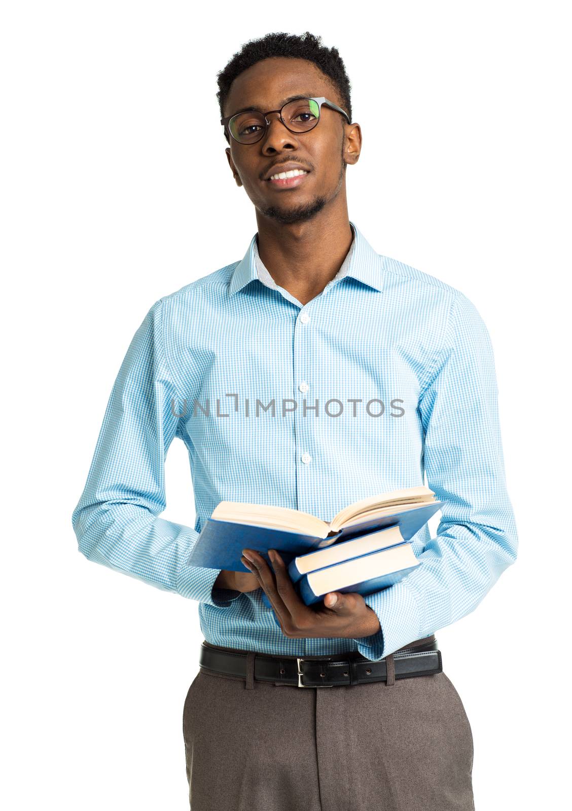 Happy african american college student standing with books in hi by vlad_star