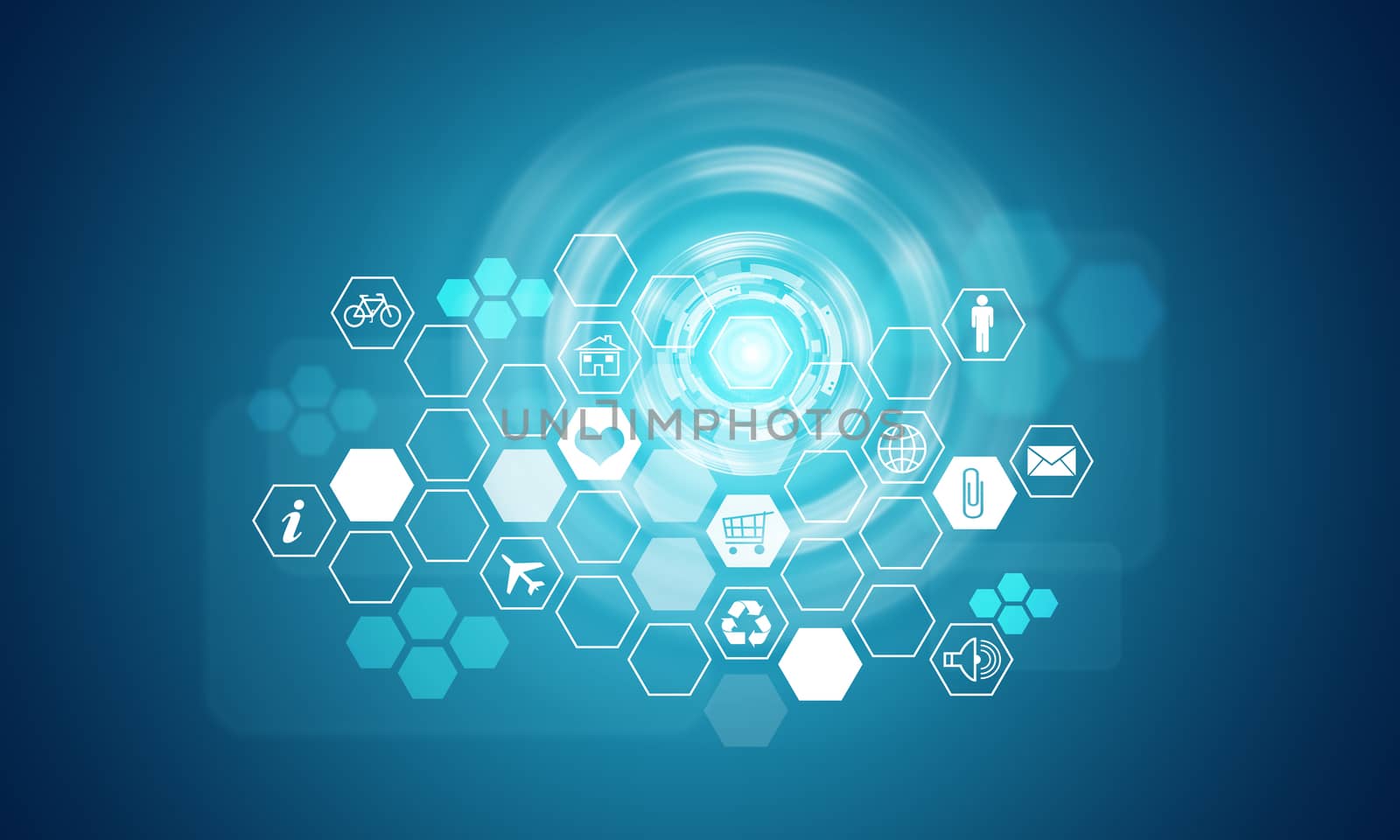 Glow circles with honeycomb shaped icons, on blue background