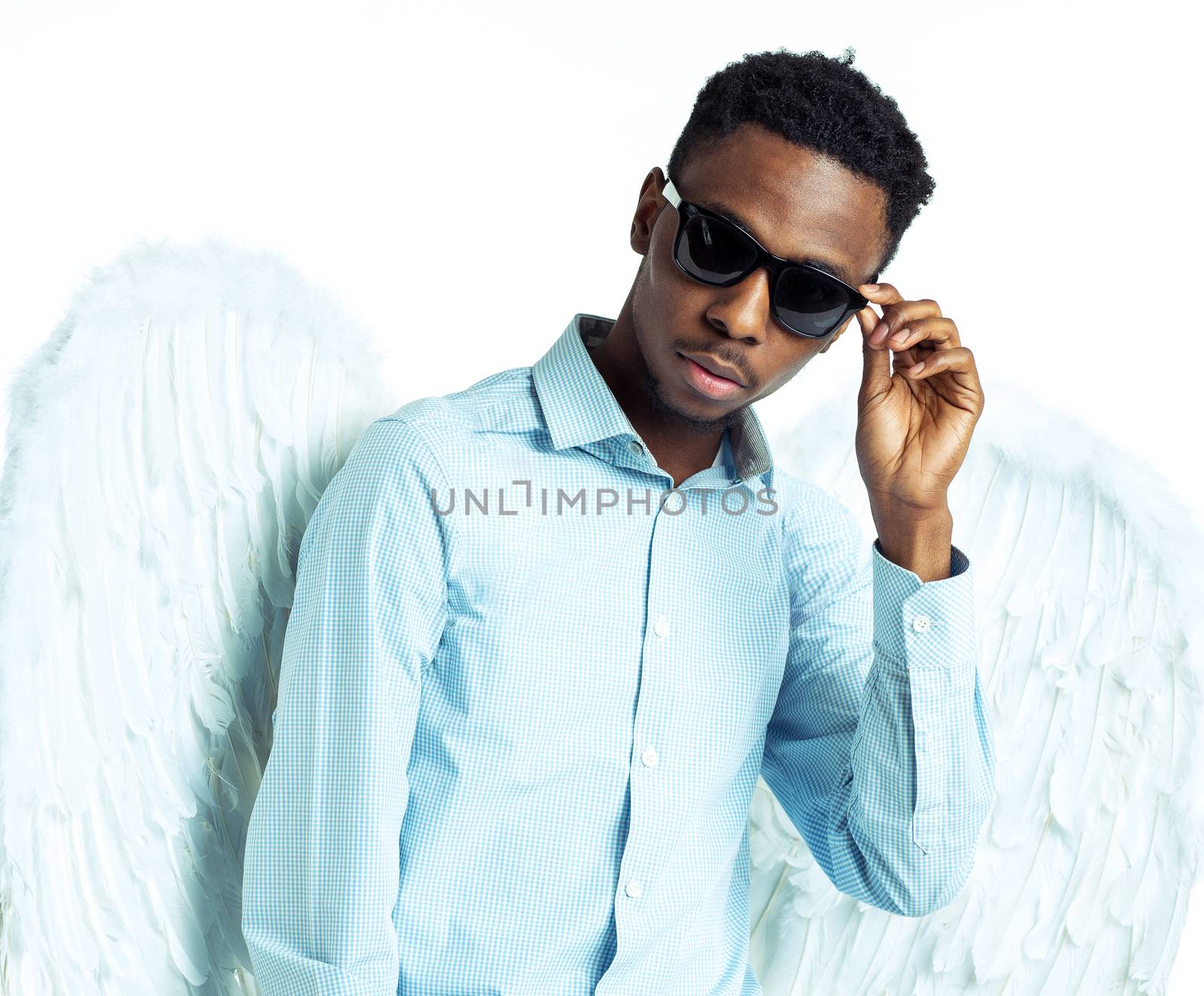 African American man with angel wings in sunglasses by vlad_star