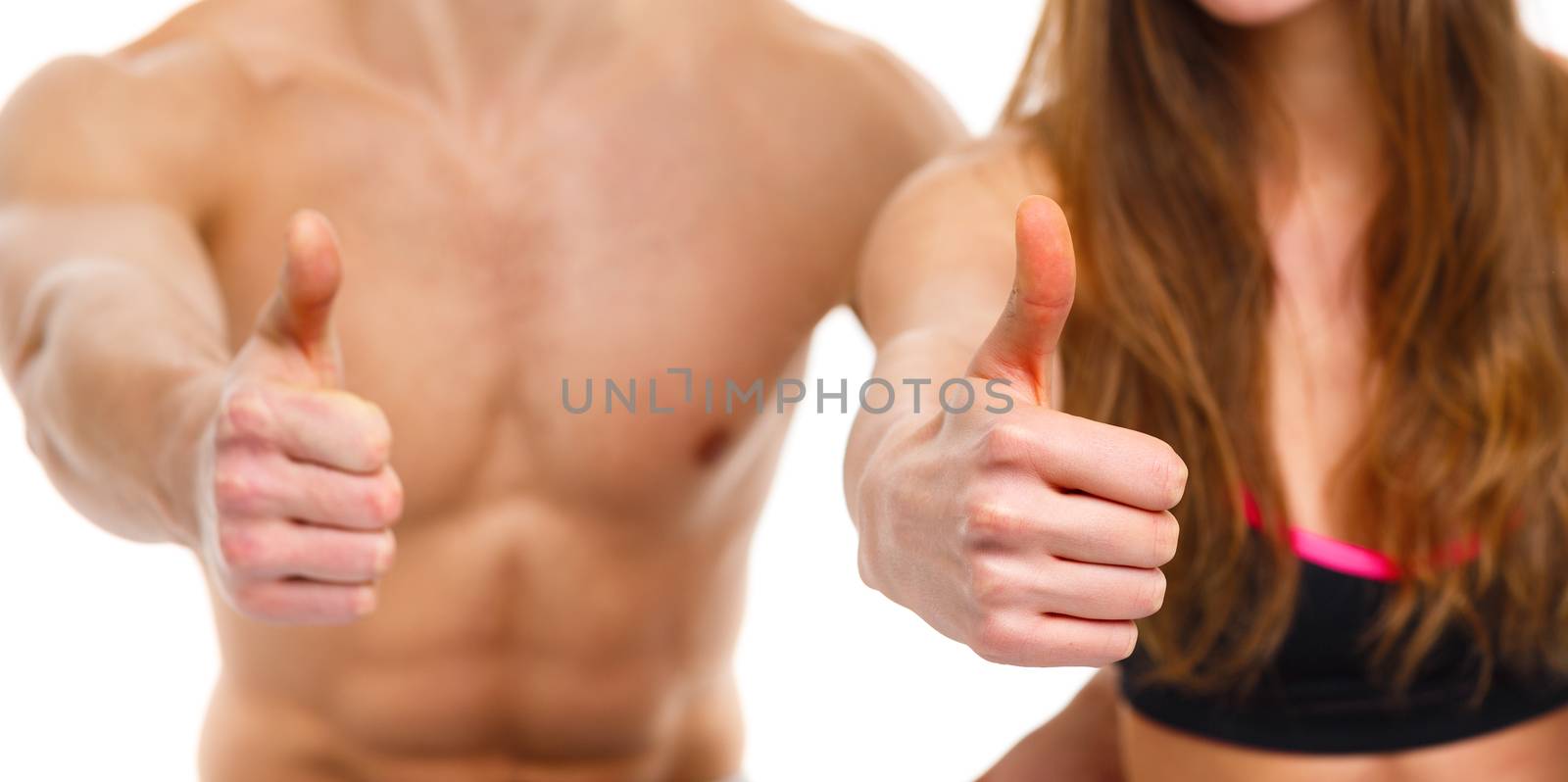 Sport man and woman after fitness exercise with a finger up on the white background