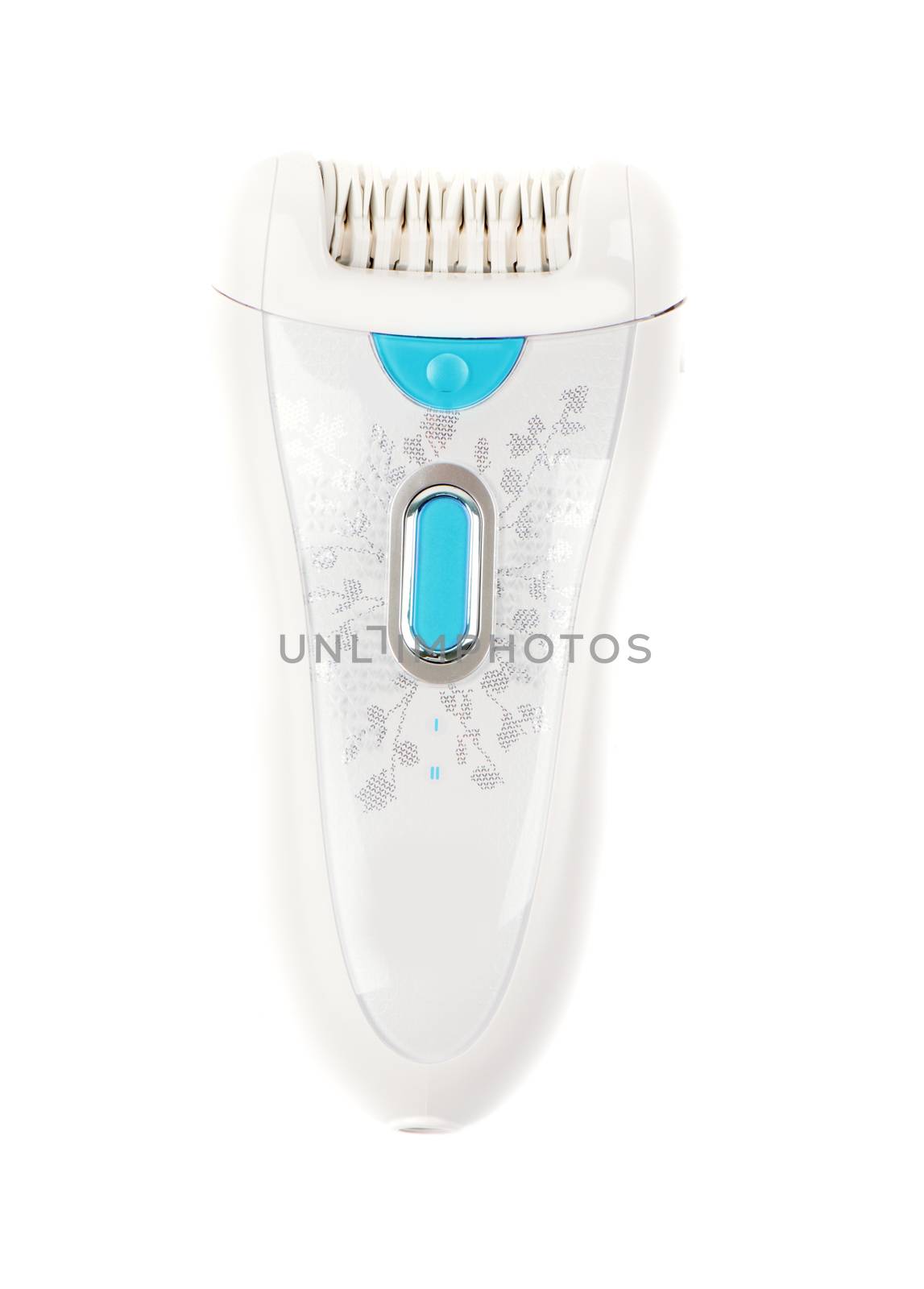 Ladies electric hair remover shaver depilator on white. Beauty and skin body care concept