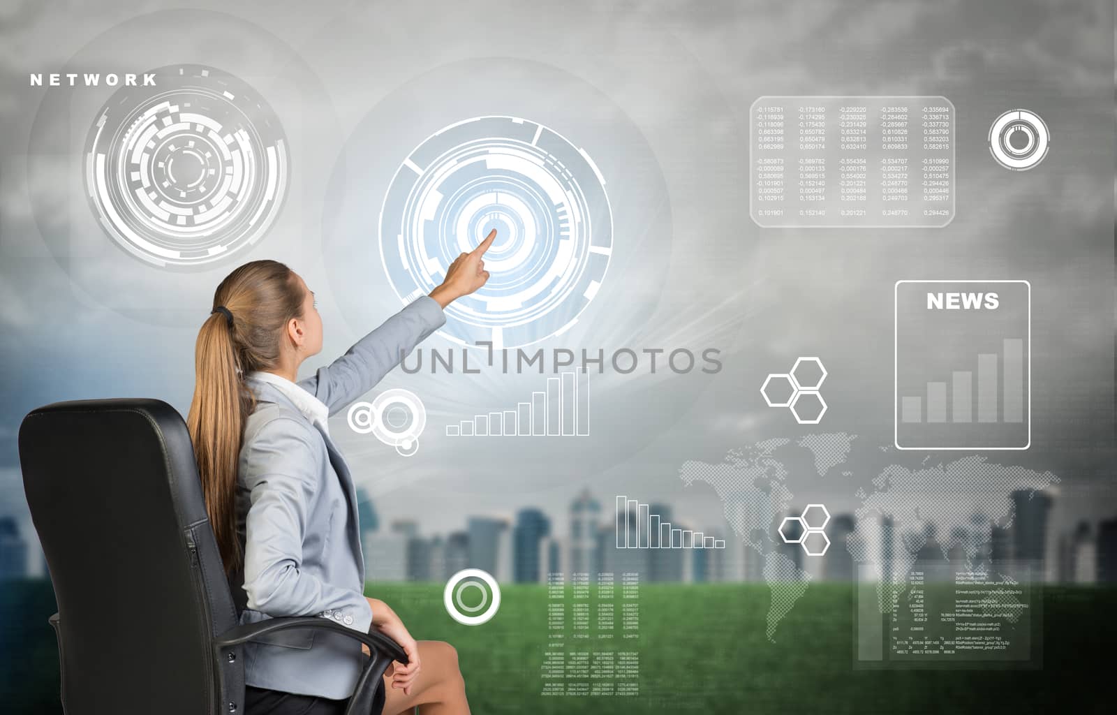 Businesswoman sitting on chair using virtual interface. City, world map and graphs over sky as backdrop