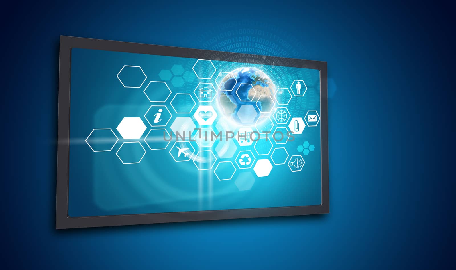 Touchscreen display with honeycomb shaped icons and Globe with radiant figures, on blue background. Element of this image furnished by NASA