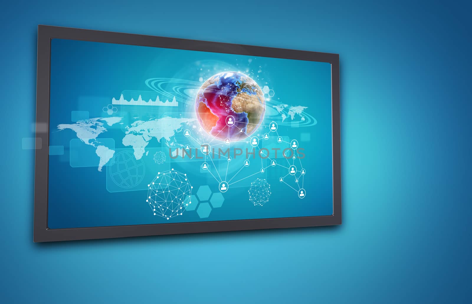 Touchscreen display with Globe, network of person icons and other elements, on blue background. Element of this image furnished by NASA