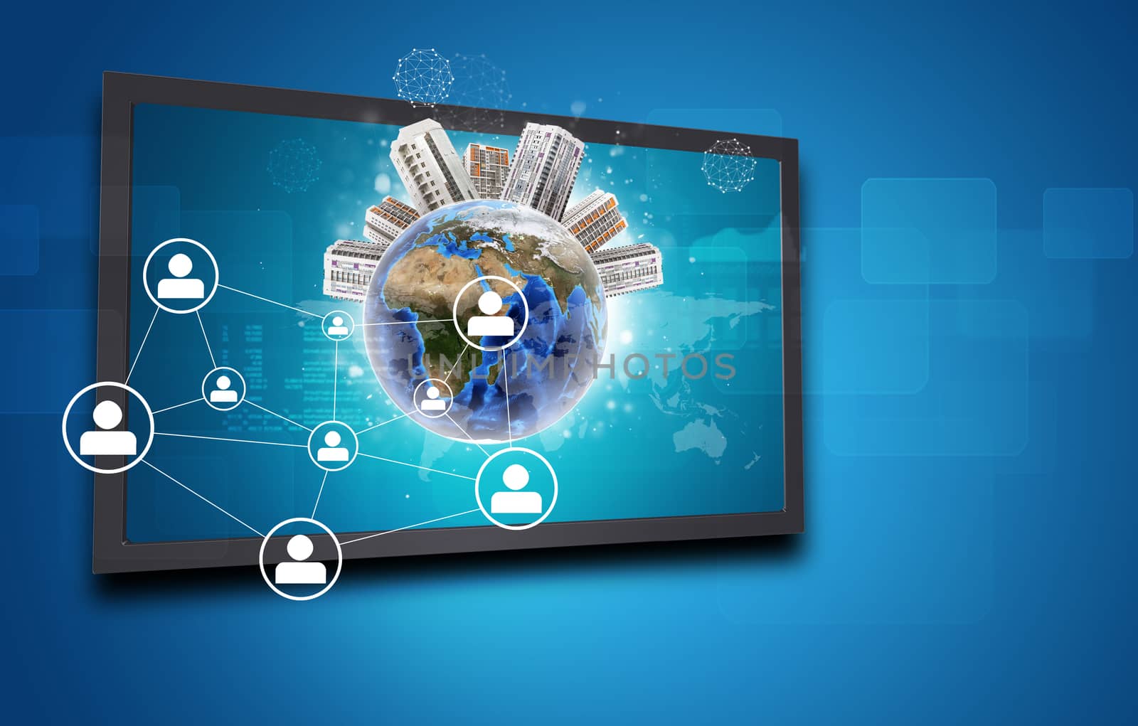 Touchscreen display and Globe with buildings on top, network of person icons and other elements, on blue background. Element of this image furnished by NASA