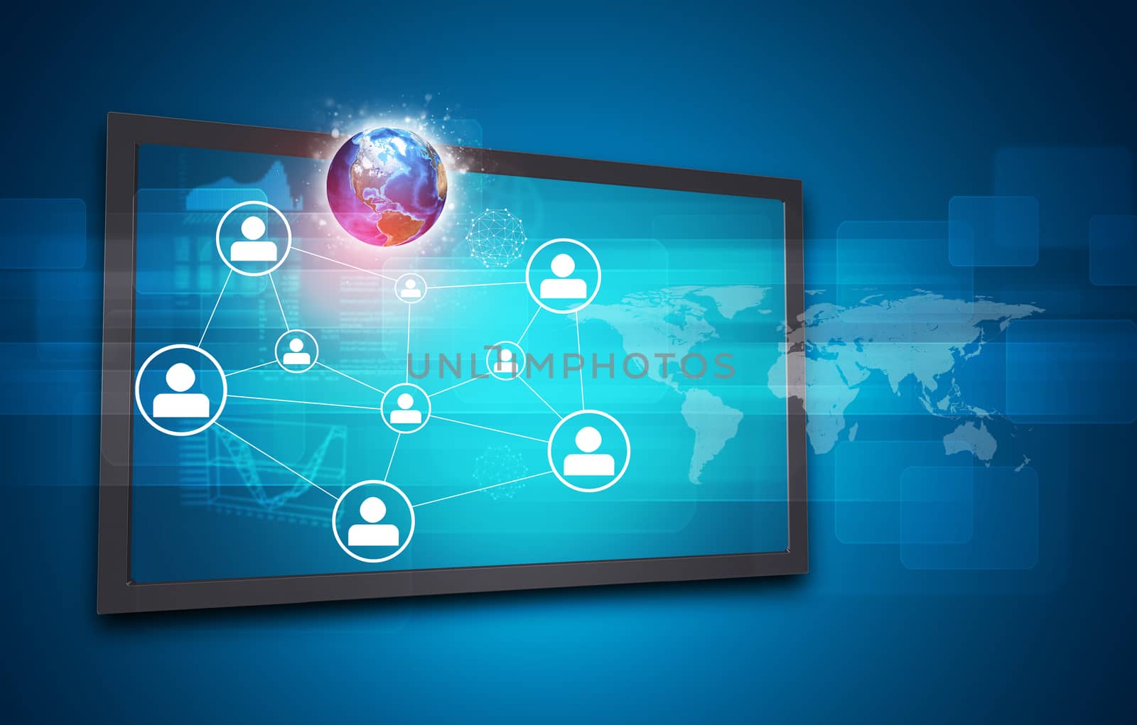 Touchscreen display with Globe, world map, network of person icons and other elements, on blue background. Element of this image furnished by NASA