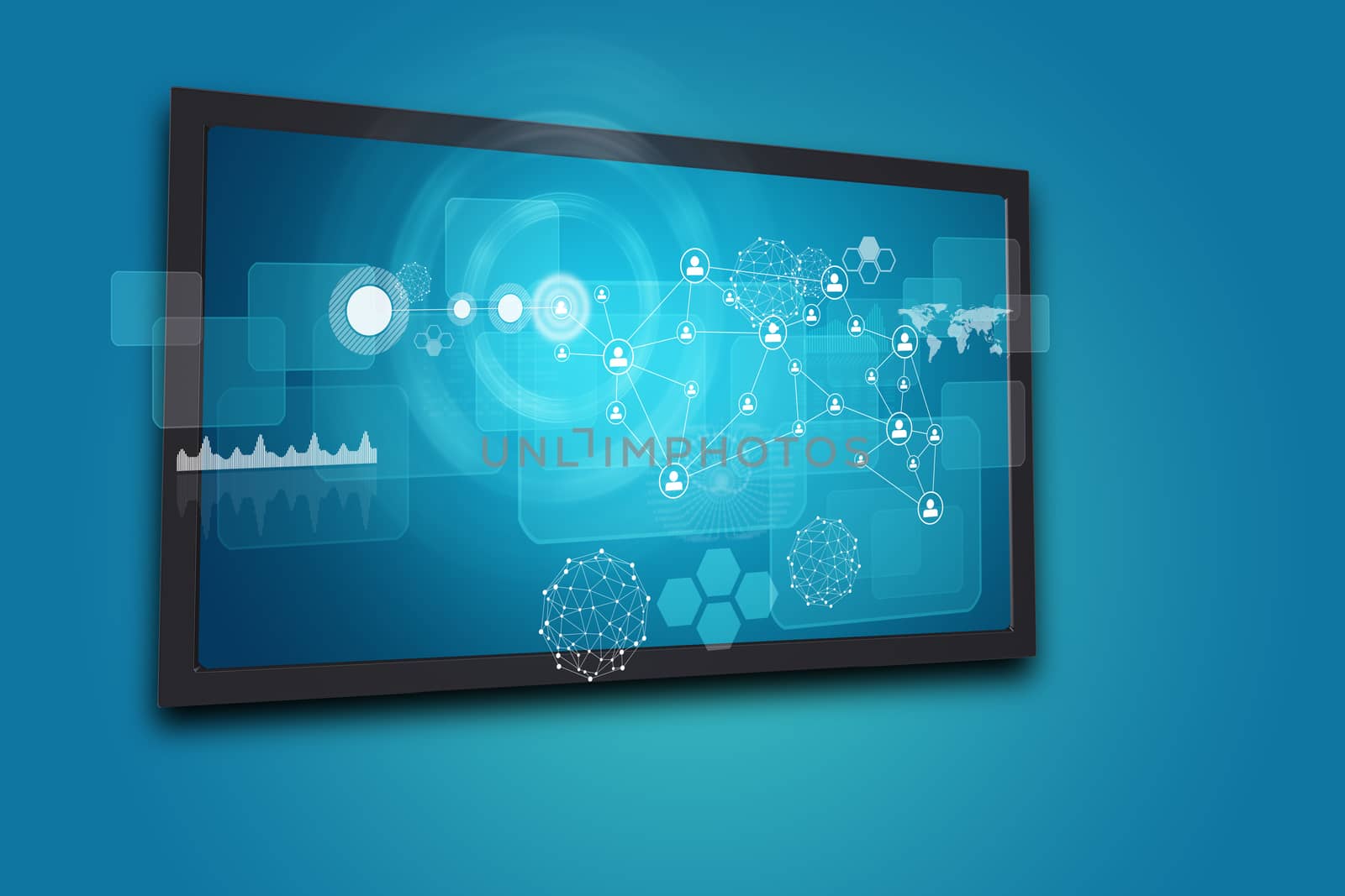 Touchscreen display with network of person icons, graph and other elements, on blue background