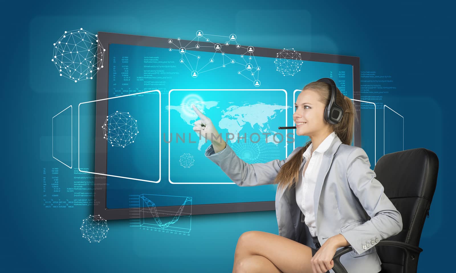 Businesswoman in headset using touch screen interface with world map and other elements, on blue background