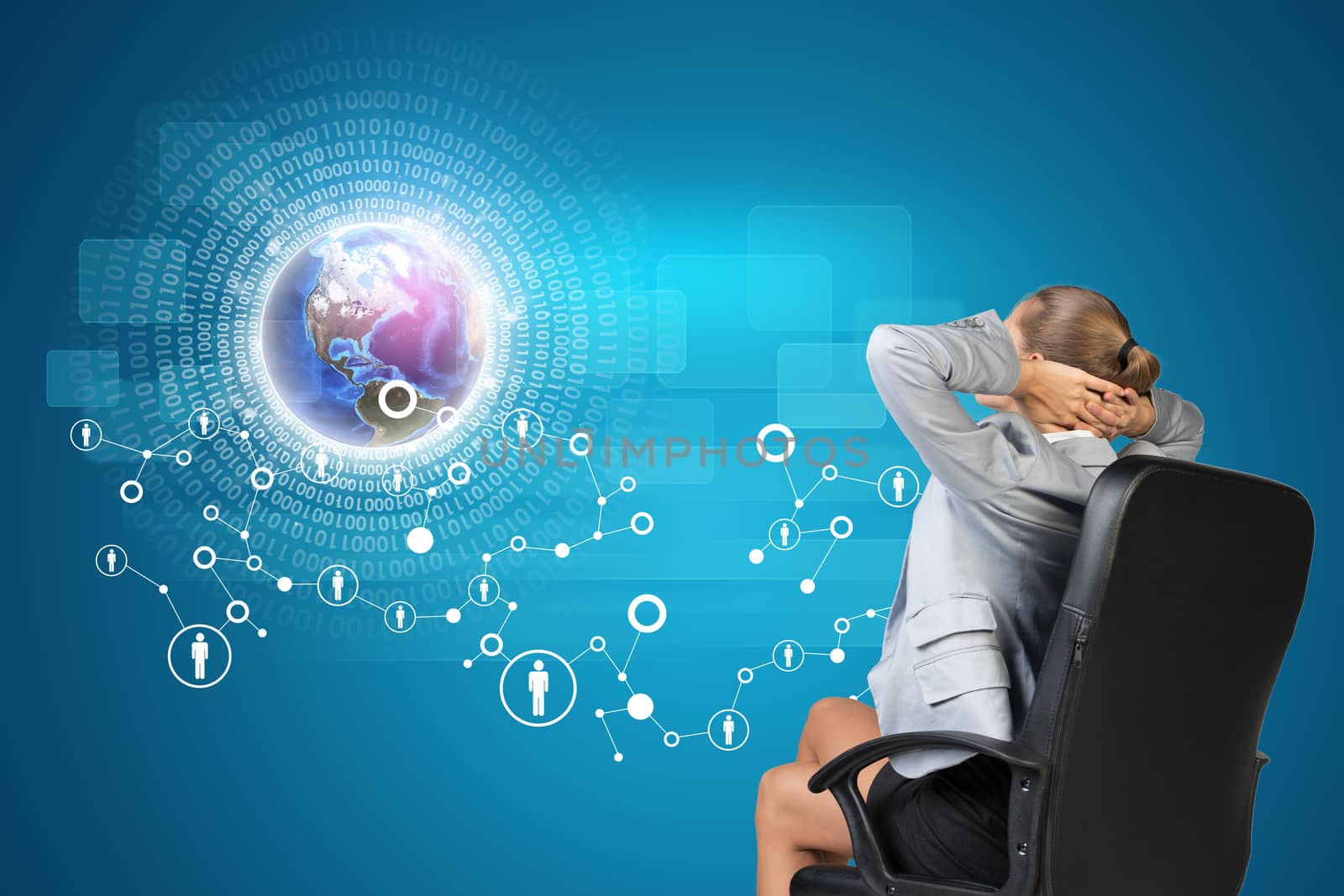Businesswoman sitting back in office chair with her hands clasped behind her head, looking at Globe with radiant figures and network of person icons on virtual interface. Element of this image furnished by NASA