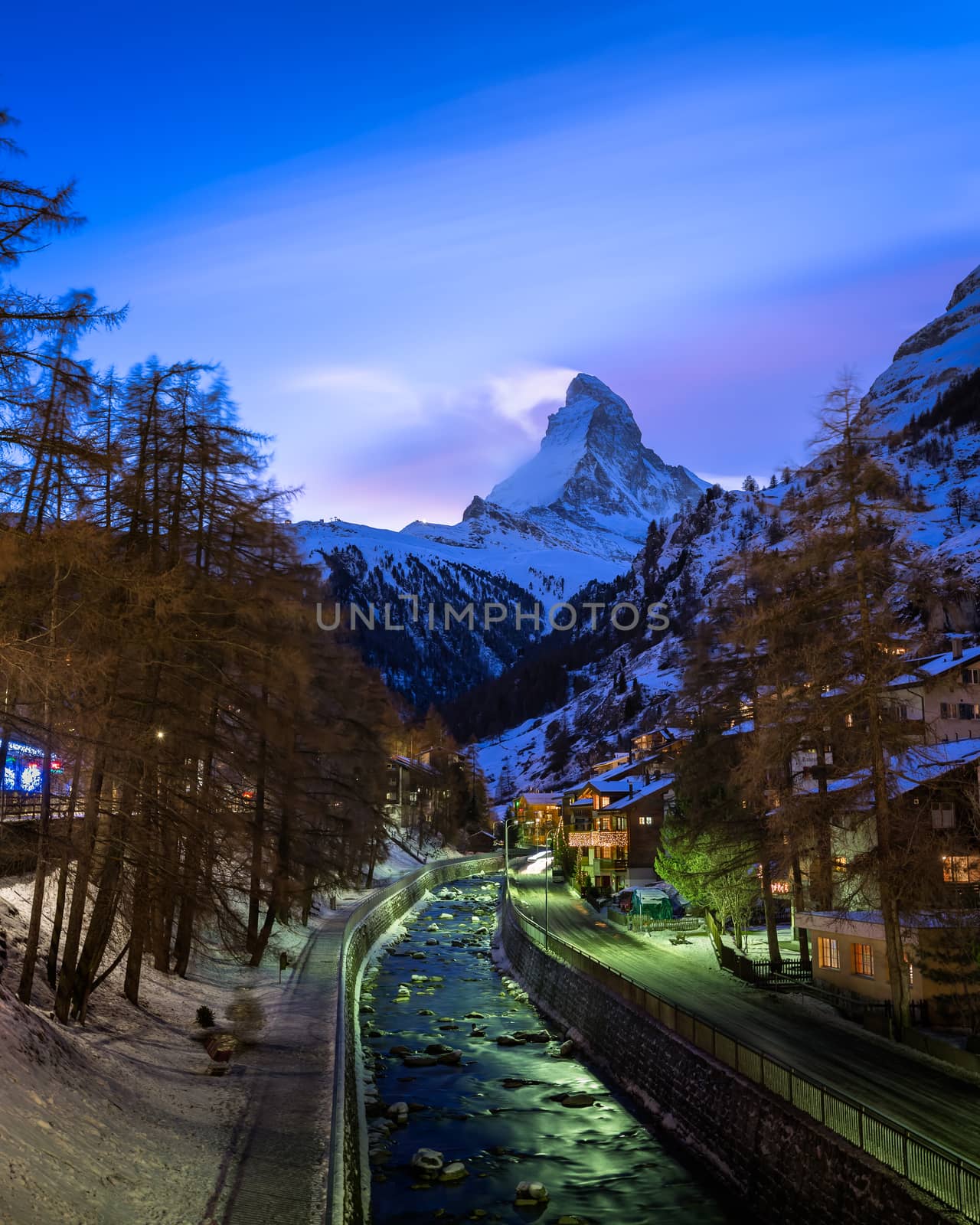 Zermatt Ski Resort and Matterhorn Peak in the Evening, Switzerla by anshar