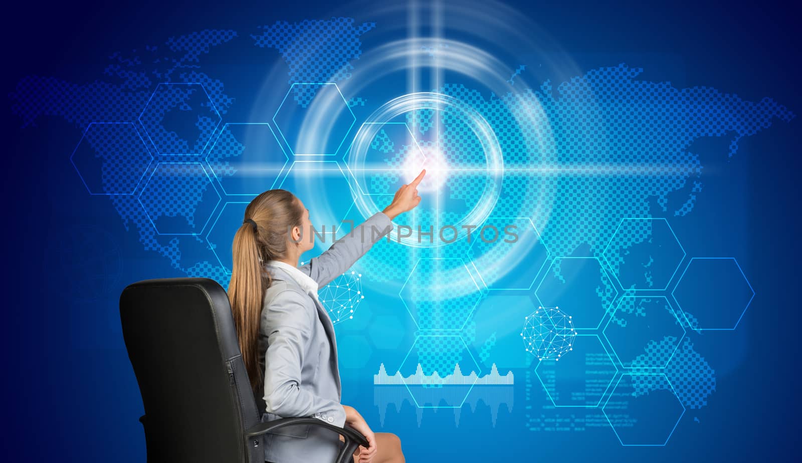 Businesswoman using virtual interface with world map, graphs and other elements, on blue background