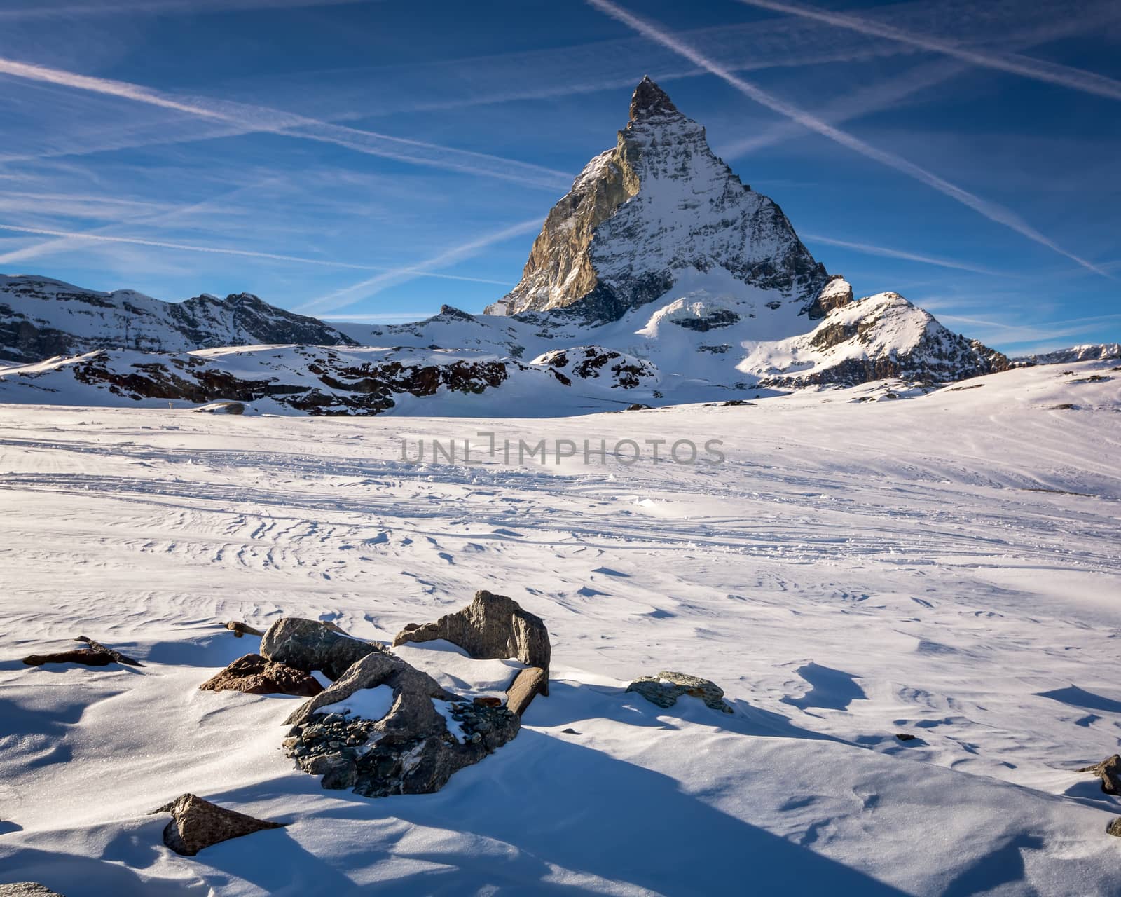 View of Matterhorn on a clear sunny day from the ski slope, Zermatt, Switzerland
