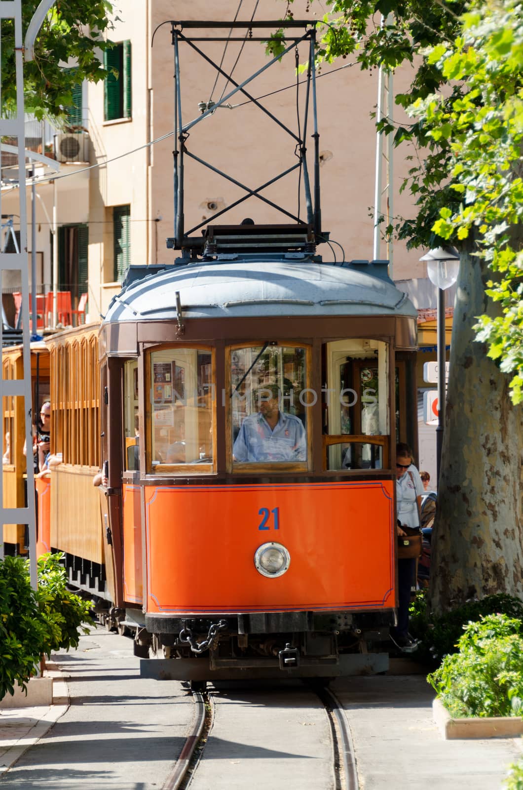 PORT DE SOLLER, SPAIN, JULY 17: The tramway connecting the town to Soller opened in 1913 and is about 5 km long. Some of its original, 1913-built cars are still in service on the line. Pictured on July 17, 2012