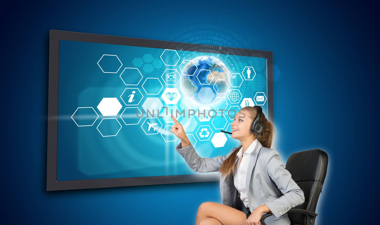Businesswoman in headset pressing touch screen button on virtual interface with honeycomb shaped icons and Globe with radiant figures, on blue background. Element of this image furnished by NASA