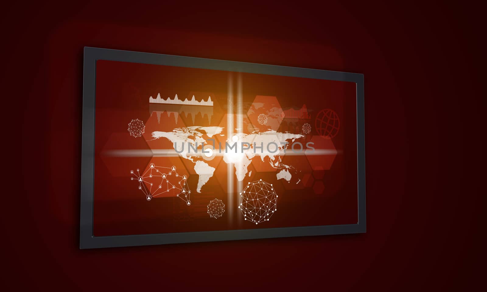 Touchscreen display with world map, graphs and other elements, on red background