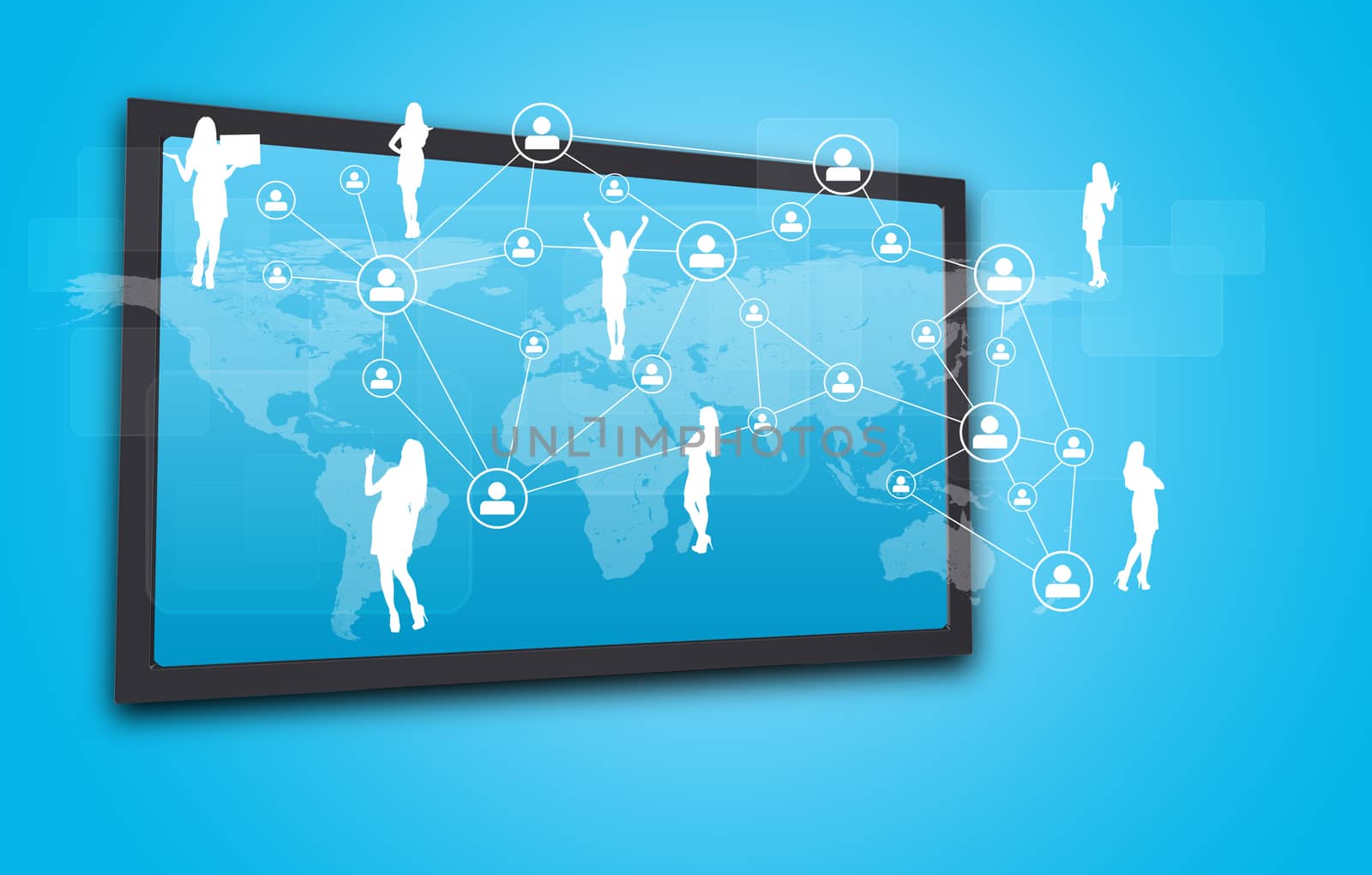 Touchscreen display with world map, network of person icons and female silhouettes by cherezoff