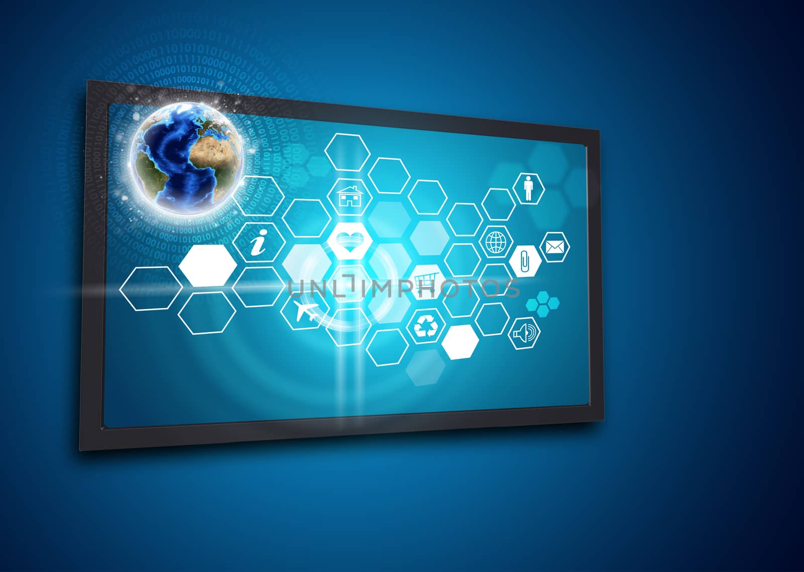 Touchscreen display with Globe and honeycomb shaped icons, on blue background. Element of this image furnished by NASA