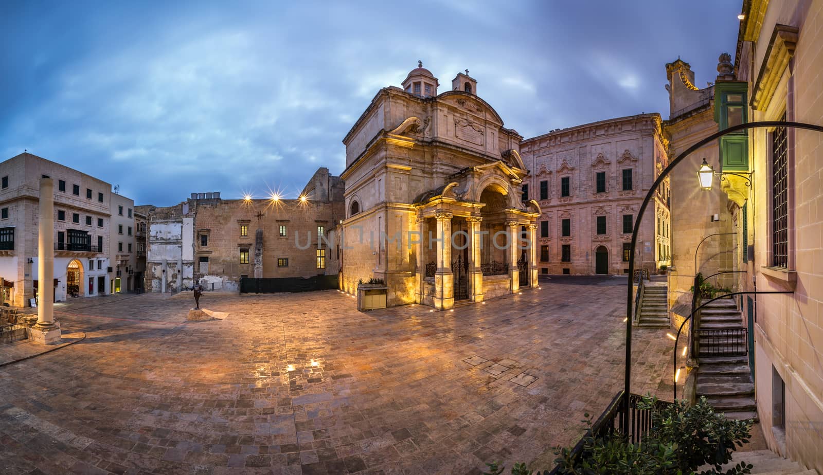 Panorama Saint Catherine of Italy Church and Jean Vallette Pjazza in the Morning, Vallette, Malta