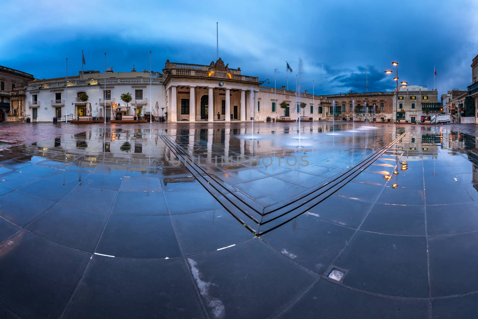 Fountain and Saint George Square on the Rainy Morning, Valletta, by anshar