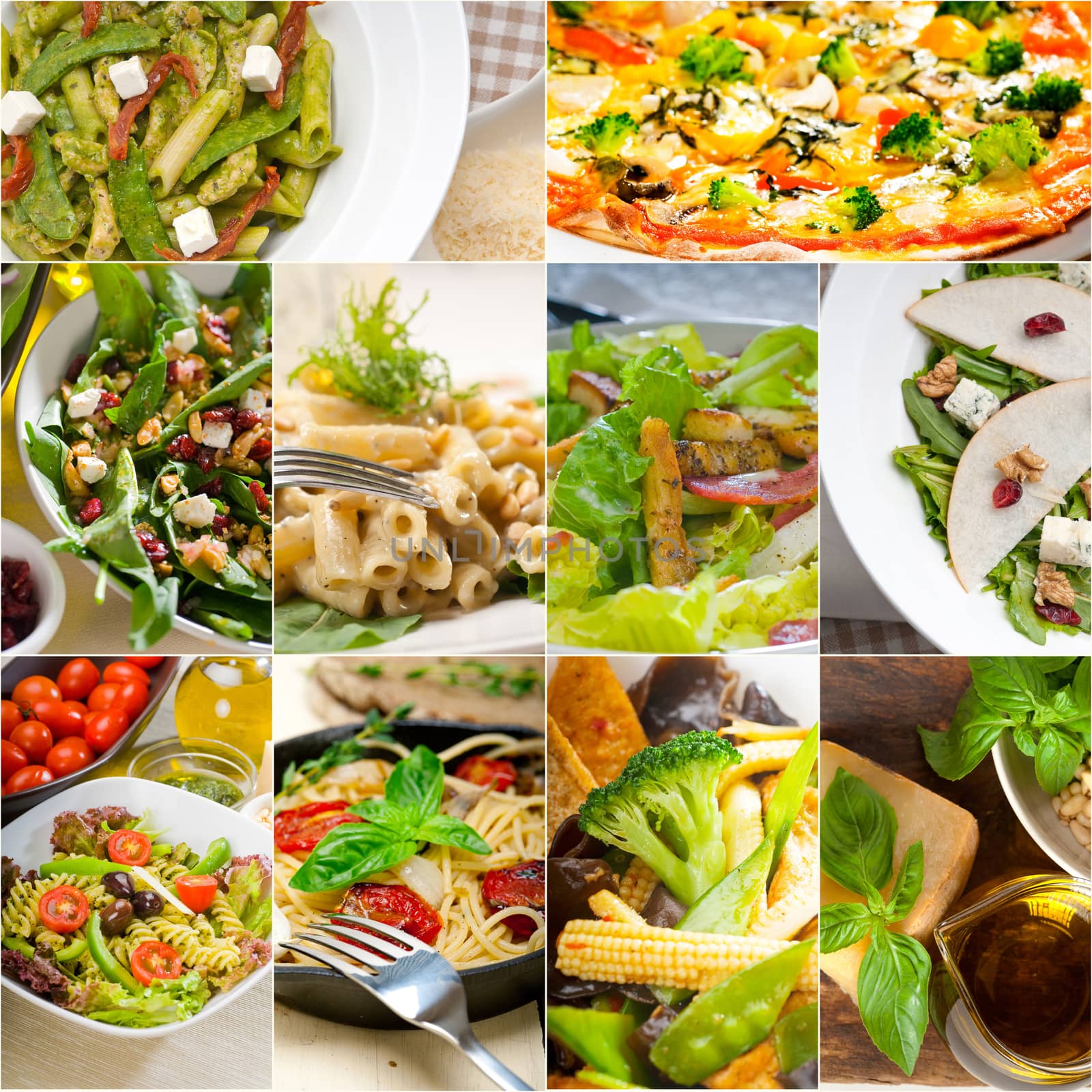 healthy vegetarian pasta soup salad pizza Italian food staples collage