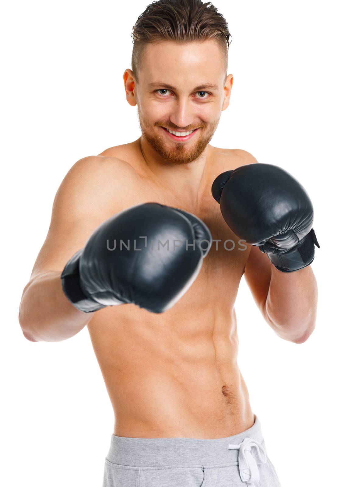 Sport attractive man wearing boxing gloves on the white background